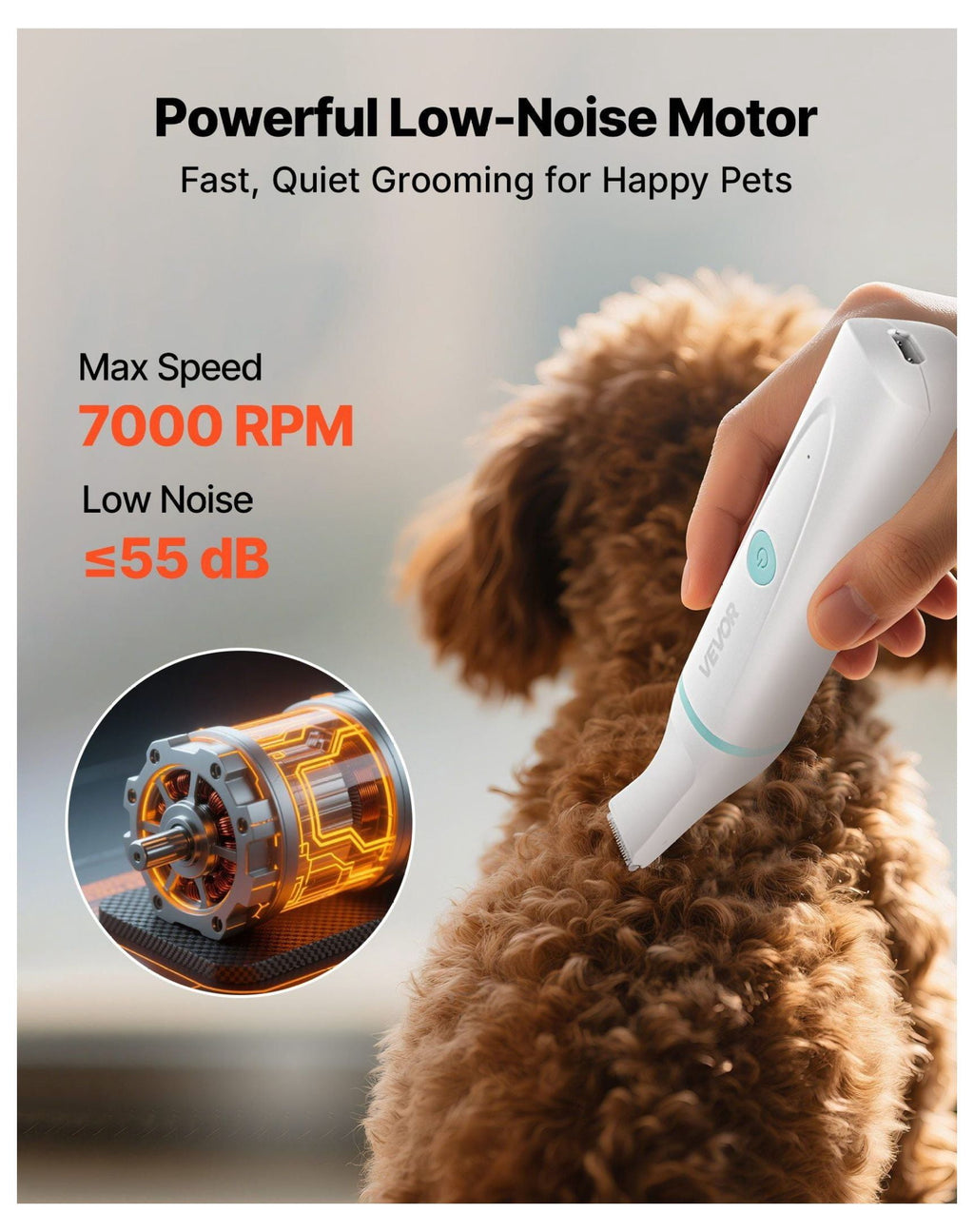 Dog Clippers for Grooming, 4 in 1 Pet Grooming Kit, Low Noise Rechargeable Shaver with 6 Combs, Cordless Pet Nail Grinder for Dogs & Cats