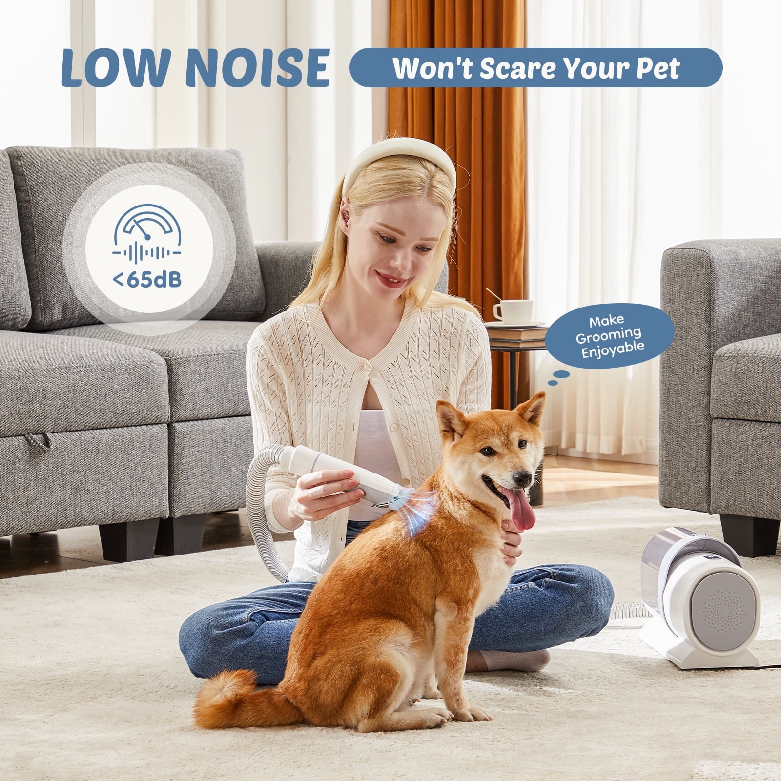 CONCETTA 5-in-1 Pet Grooming Vacuum Kit, 2.5L Dust Cup, 3 Suction Modes, and 5 Professional Grooming Tools, With Low Noise Cordless Clippers, White