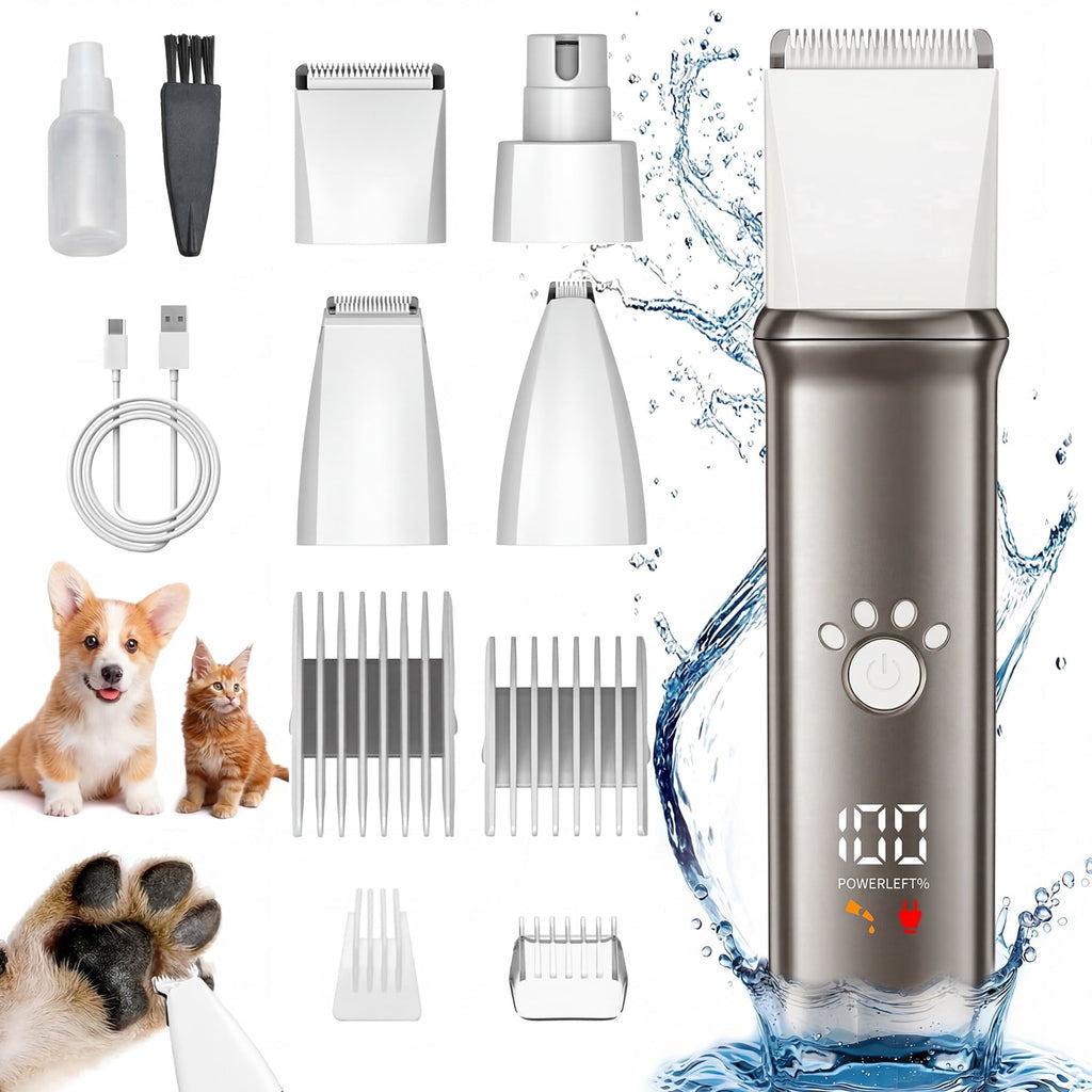 Skdwakiz Dog Grooming Clippers Kit - 4 in 1 Pet Shaver with 4 Comb Guides, IPX4 Waterproof Pet Hair Trimmer with LED Display/Fast Charge/Low Noise for Dogs and Cats