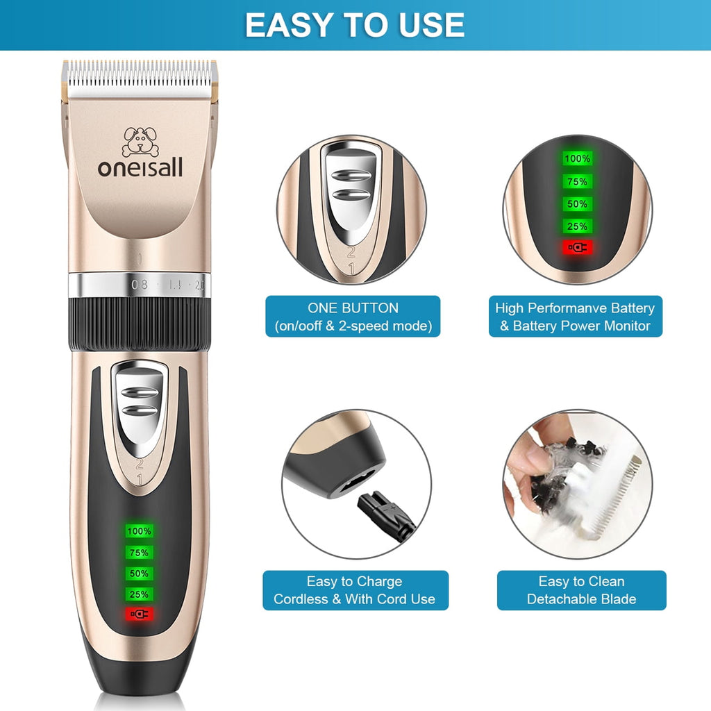 Oneisall Dog Clippers 50db Low Noise, 2-Speed Quiet Dog Grooming Kit Rechargeable Cordless Pet Hair Clipper Trimmer Shaver for Small and Large Dogs Cats Animals - Gold