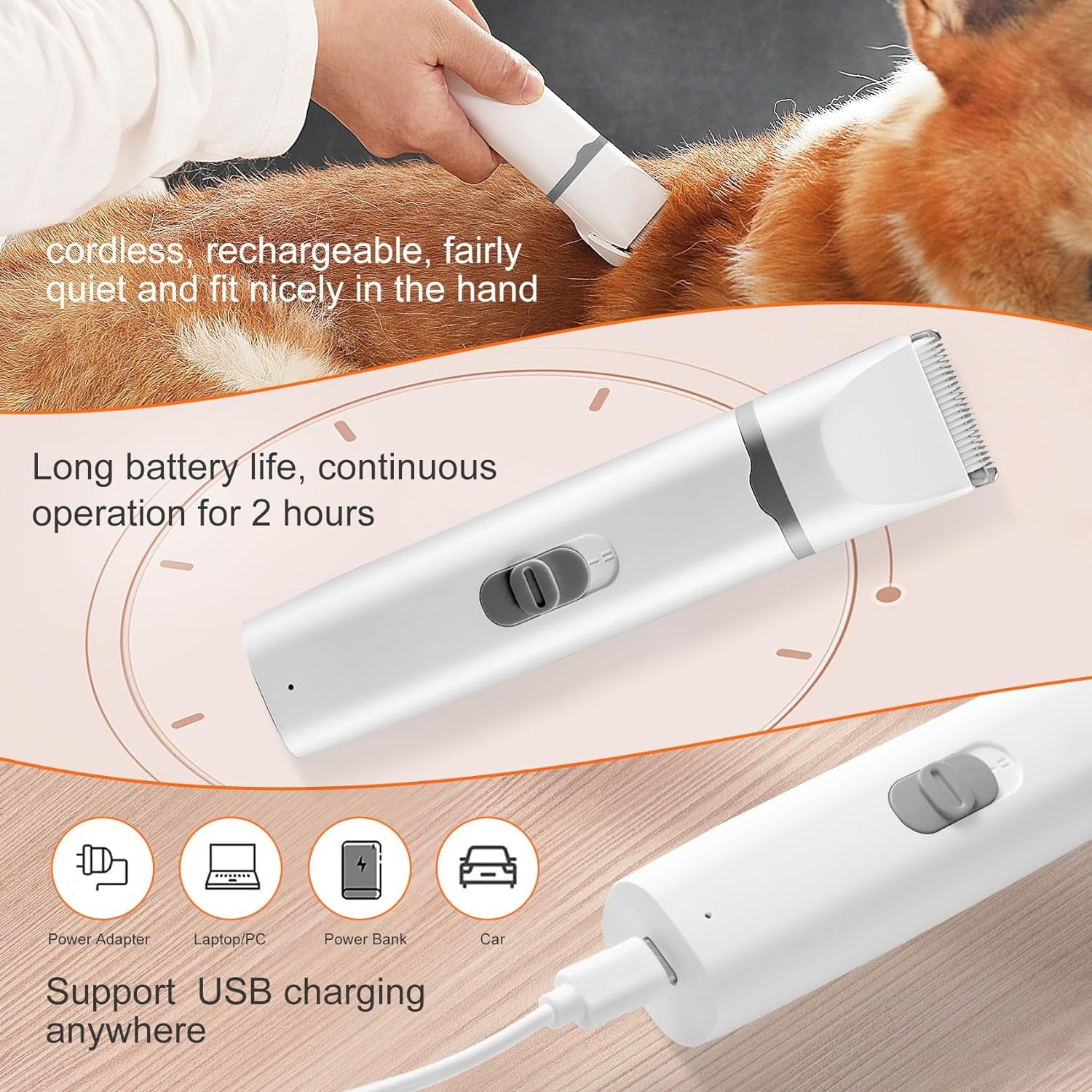 Dogs Hair Clippers Grooming Kit with Nail Grinder, 4-in-1 Electric pet Clippers for Dogs, Low Noise USB Rechargeable Cordless for Dogs Cat, Grooming Paws, Eyes, Ears, Face, Matted Hair, White