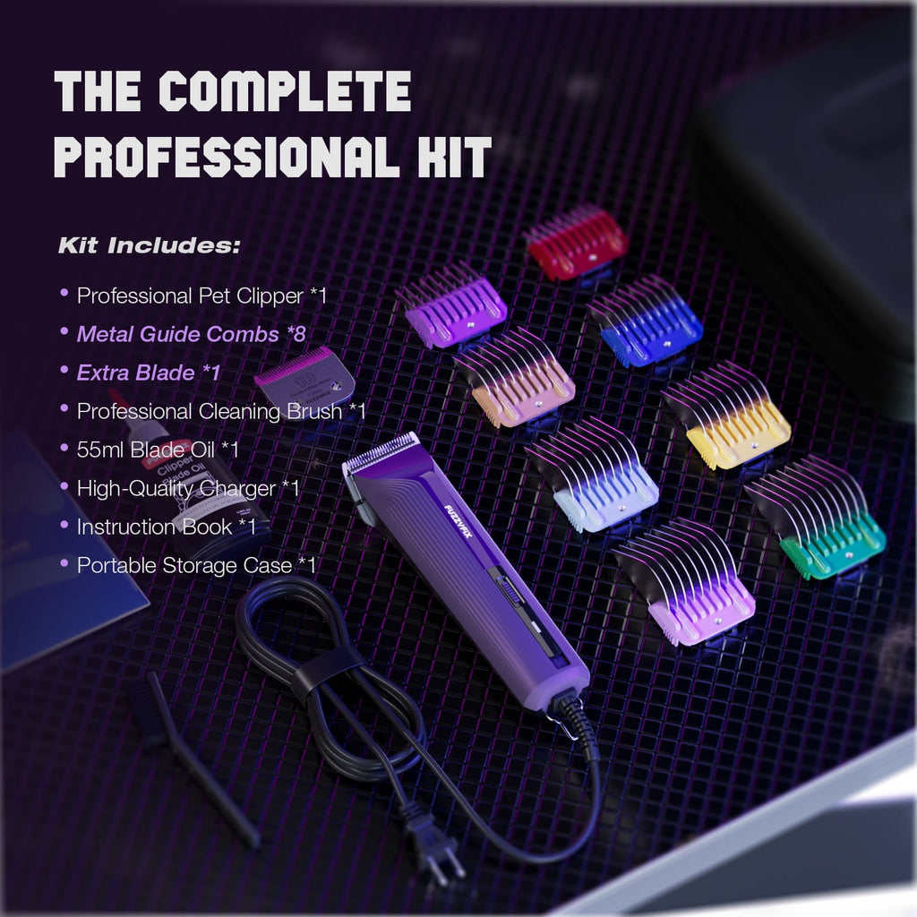 FuzzyFix AmpFix Professional 2-Speed Dog Grooming Clippers, Heavy-Duty Pet Trimmer Kit with 8 Metal Combs