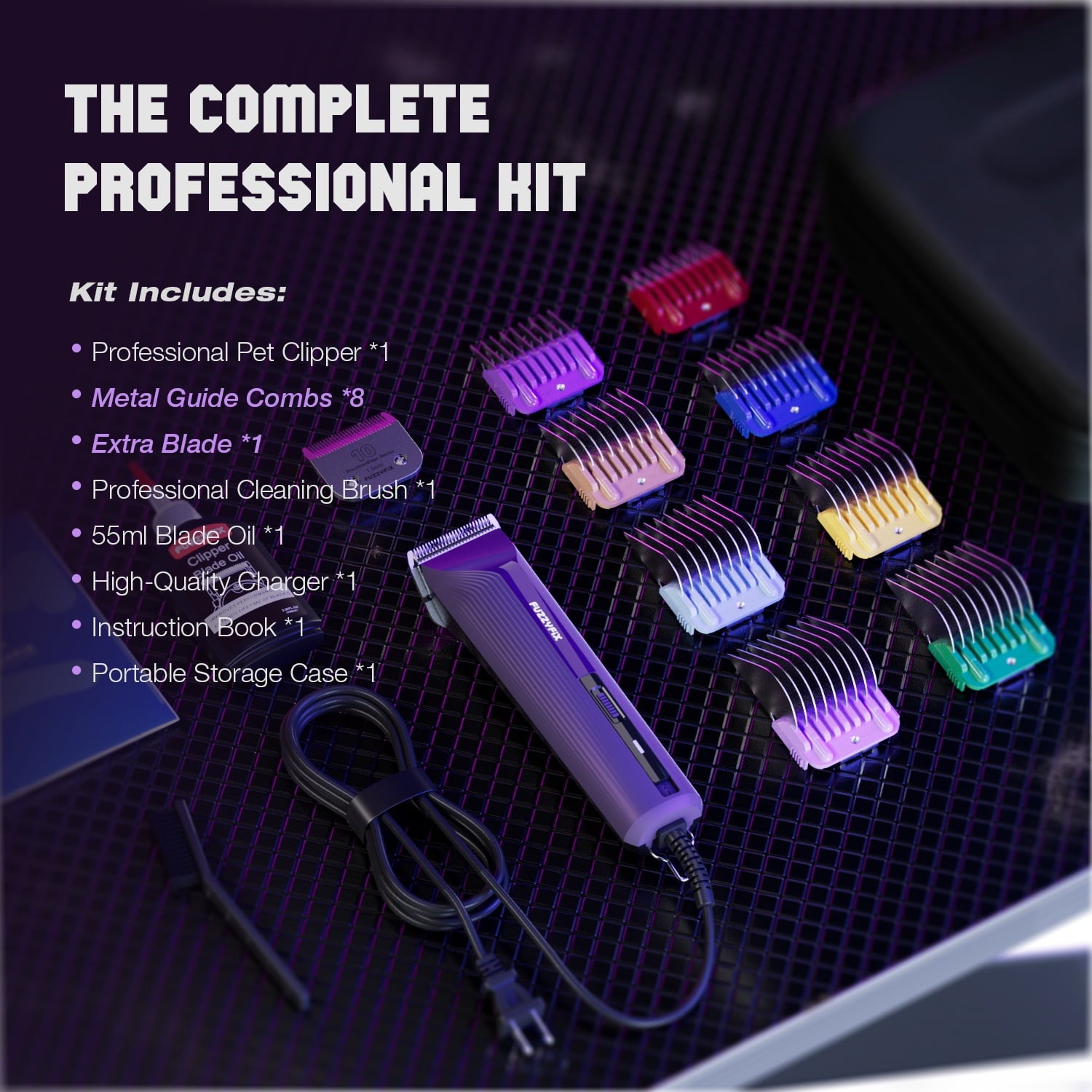 FuzzyFix AmpFix Professional 2-Speed Dog Grooming Clippers, Heavy-Duty Pet Trimmer Kit with 8 Metal Combs