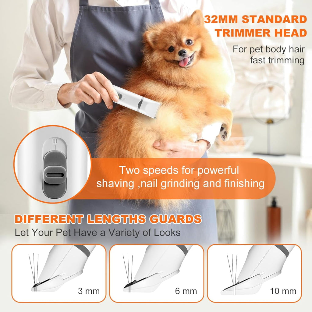 Dogs Hair Clippers Grooming Kit with Nail Grinder, 4-in-1 Electric pet Clippers for Dogs, Low Noise USB Rechargeable Cordless for Dogs Cat, Grooming Paws, Eyes, Ears, Face, Matted Hair, White