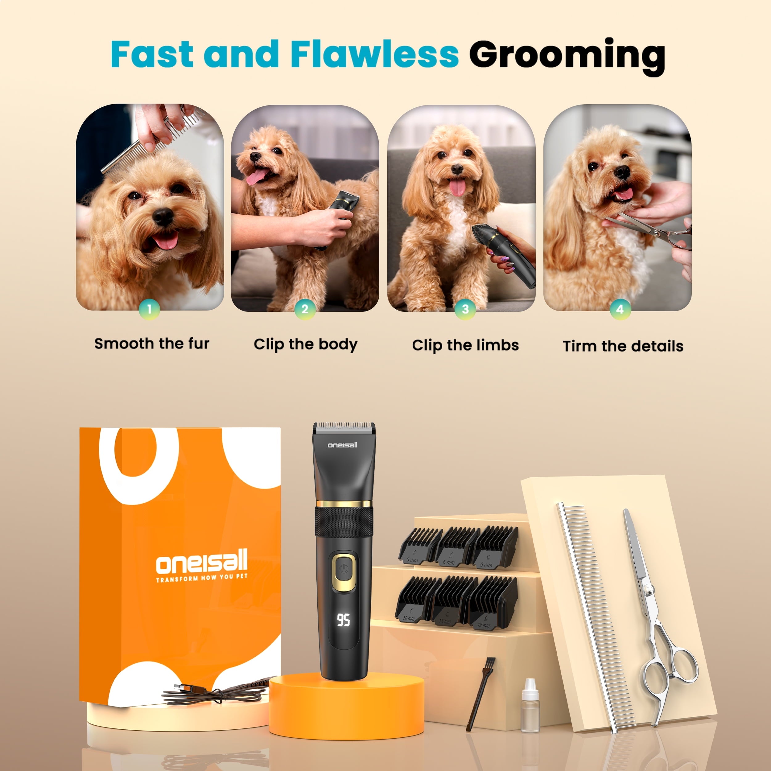 Oneisall DC-200 Dog Clippers, Adjustable & Detachable Blade, IPX7 Waterproof, Home Dog Grooming Kit, Black