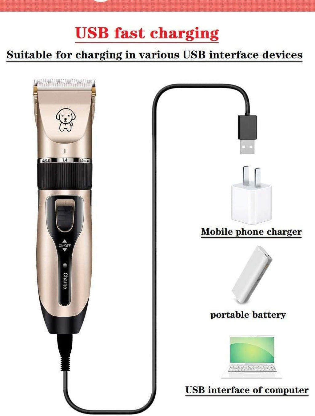 QiShi Pet Clippers，Low Noise Rechargeable Hair Trimmer for Dogs & Cats，Cordless Grooming Kit with Dog Shaver