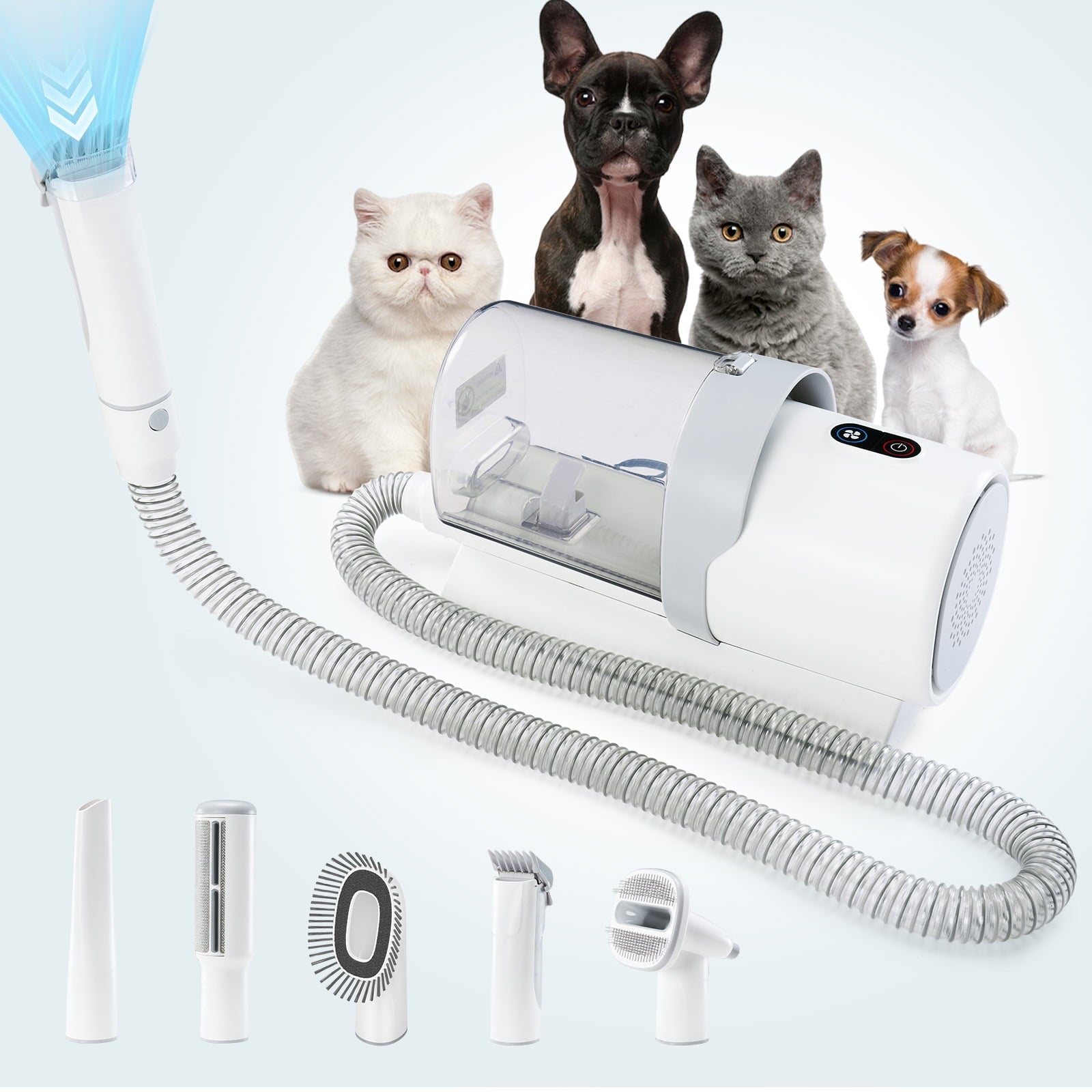 MCQ 5 in 1 Pet Grooming Vacuum Kit with 6 Guide Combs, Low Noise Cordless Dog Cat Trimmer, White