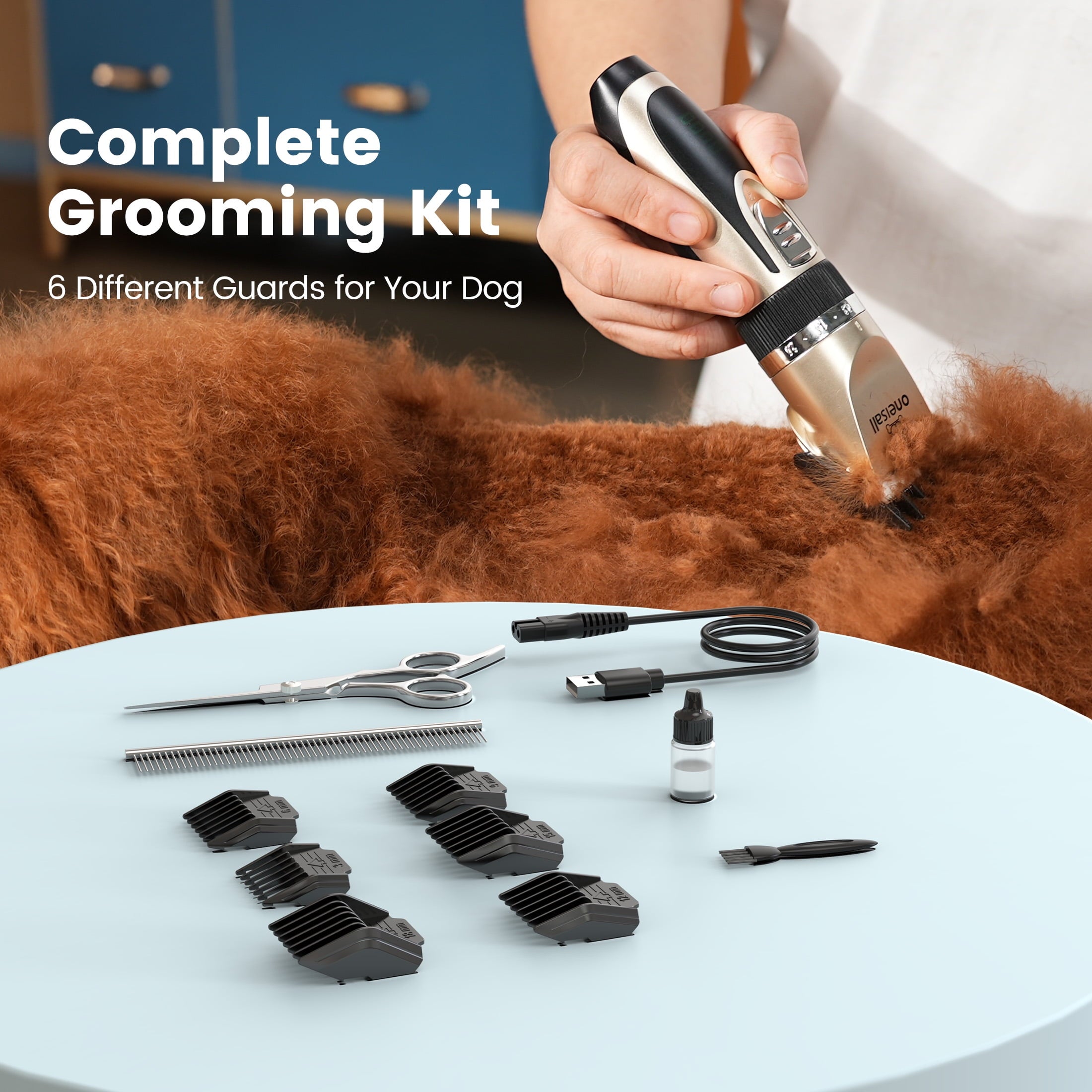 Oneisall S6 Set Dog Clippers & Dog Paw Trimmer, 2-in-1 Ultra Quiet Cordless Dog Grooming Kit, Gold & Black