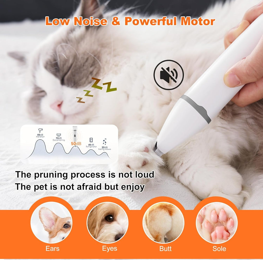 Dogs Hair Clippers Grooming Kit with Nail Grinder, 4-in-1 Electric pet Clippers for Dogs, Low Noise USB Rechargeable Cordless for Dogs Cat, Grooming Paws, Eyes, Ears, Face, Matted Hair, White