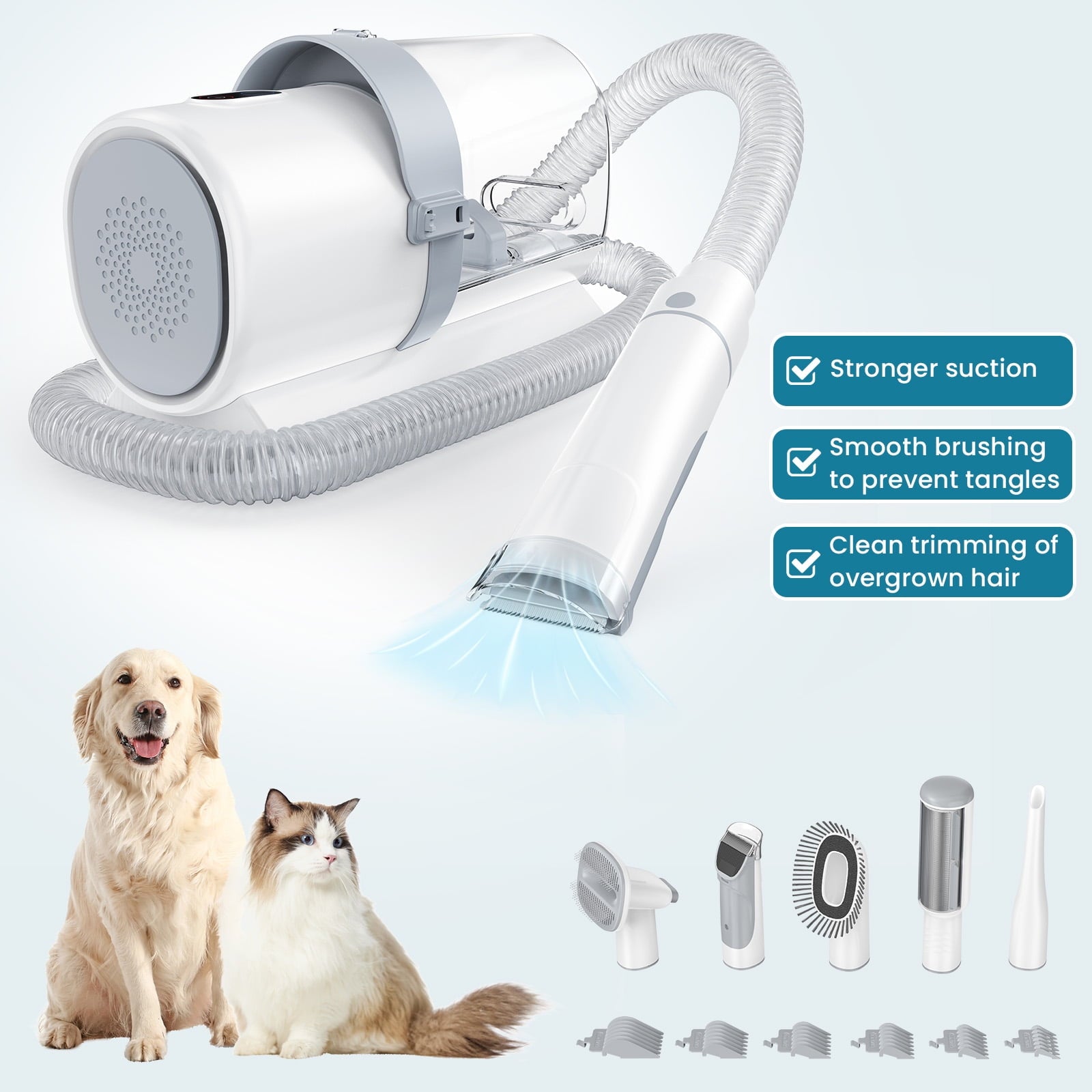 MCQ 5 in 1 Pet Grooming Vacuum Kit with 6 Guide Combs, Low Noise Cordless Dog Cat Trimmer, White