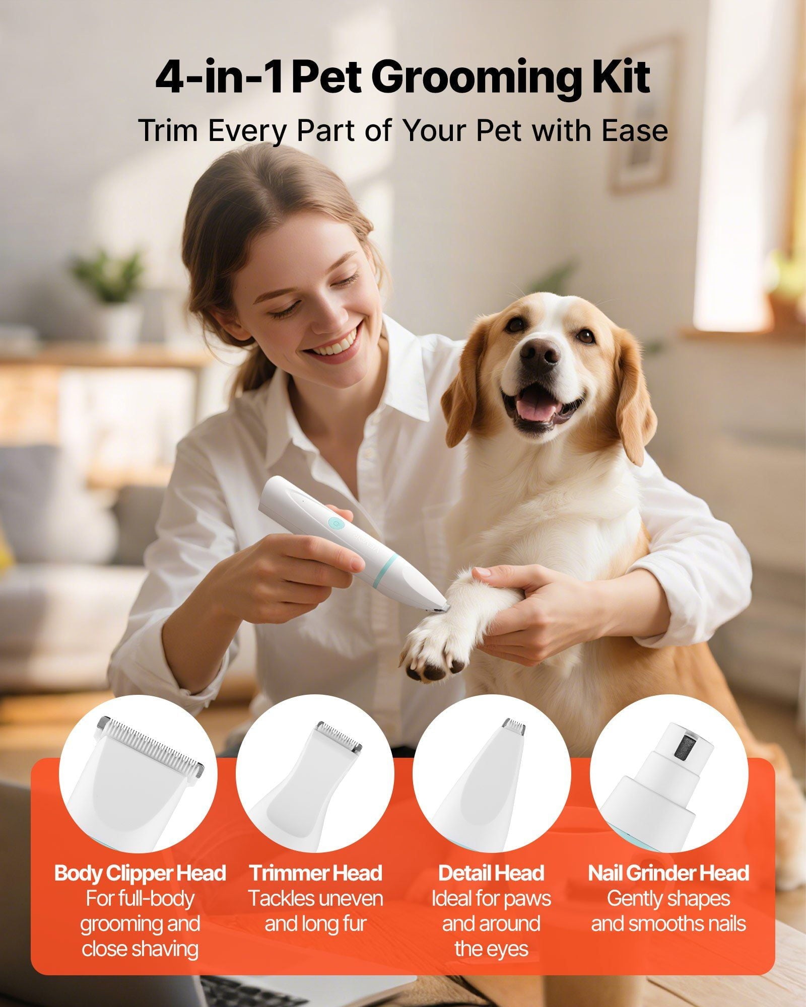 4-in-1 Dog Grooming Kit: Rechargeable Pet Clippers with Low Noise,6 Combs&4 Blades,Waterproof Cordless Trimmer&Nail Grinder for Dogs and Cats