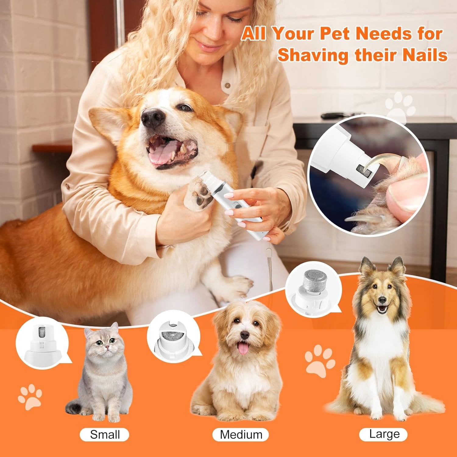 Dogs Hair Clippers Grooming Kit with Nail Grinder, 4-in-1 Electric pet Clippers for Dogs, Low Noise USB Rechargeable Cordless for Dogs Cat, Grooming Paws, Eyes, Ears, Face, Matted Hair, White