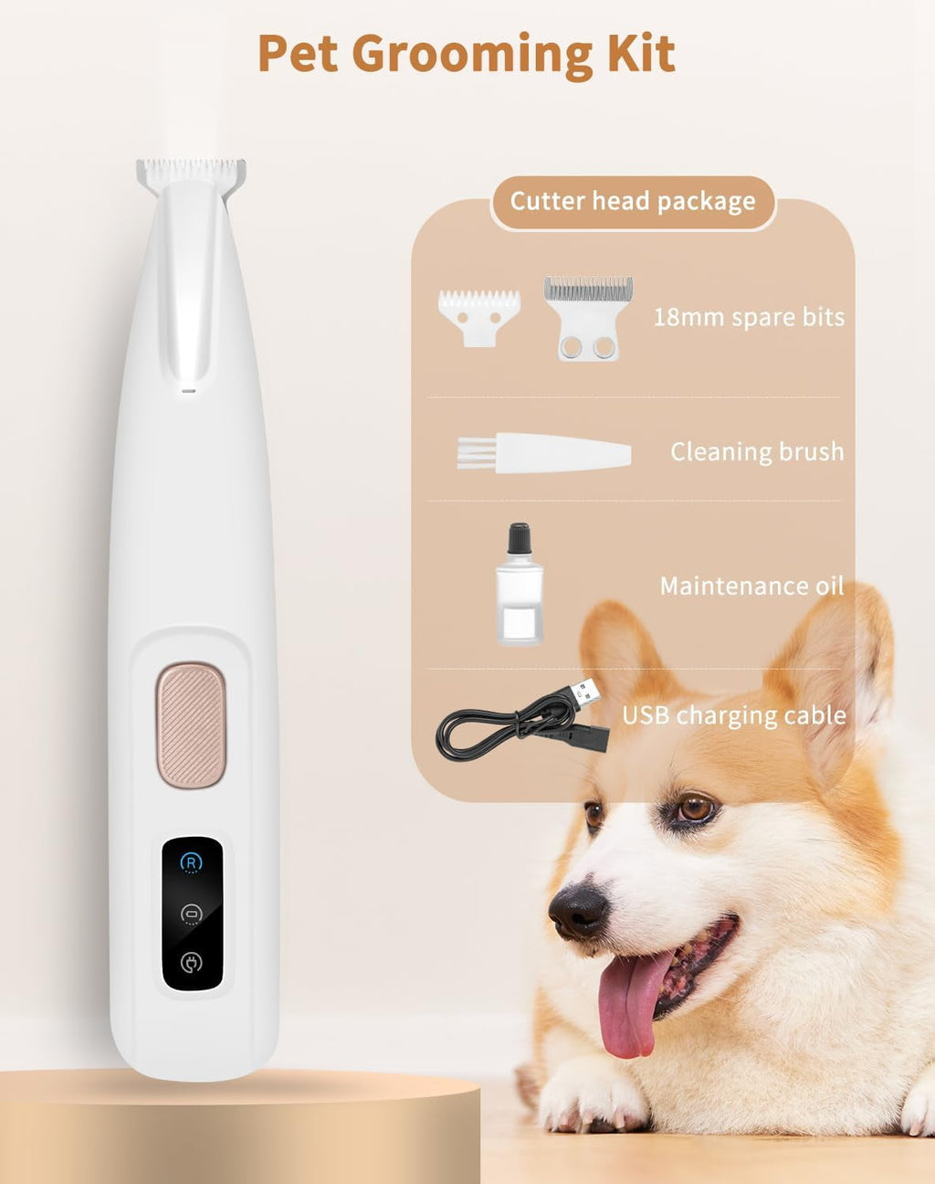 Paw Trimmer with LED Light, Ultra-Low Noise Dog Trimmer Grooming Kit with Replacement Blades, Waterproof Rechargeable Pet Hair Clippers for Small Dogs Cats Paws, Eyes, Ears, Face, Rump