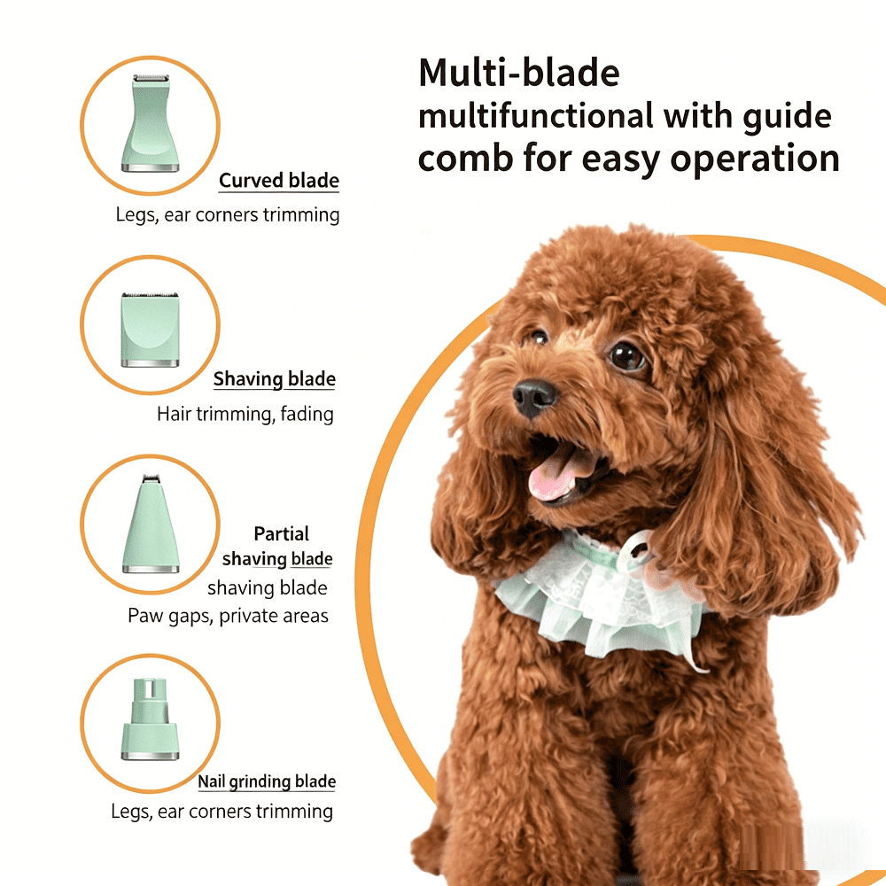 4-in-1 Quiet Pet Hair Clipper Grooming Kit, Rechargeable Electric Trimmer for Dog & Cat Paw, Body, Nail Grinding & Curved Cutting