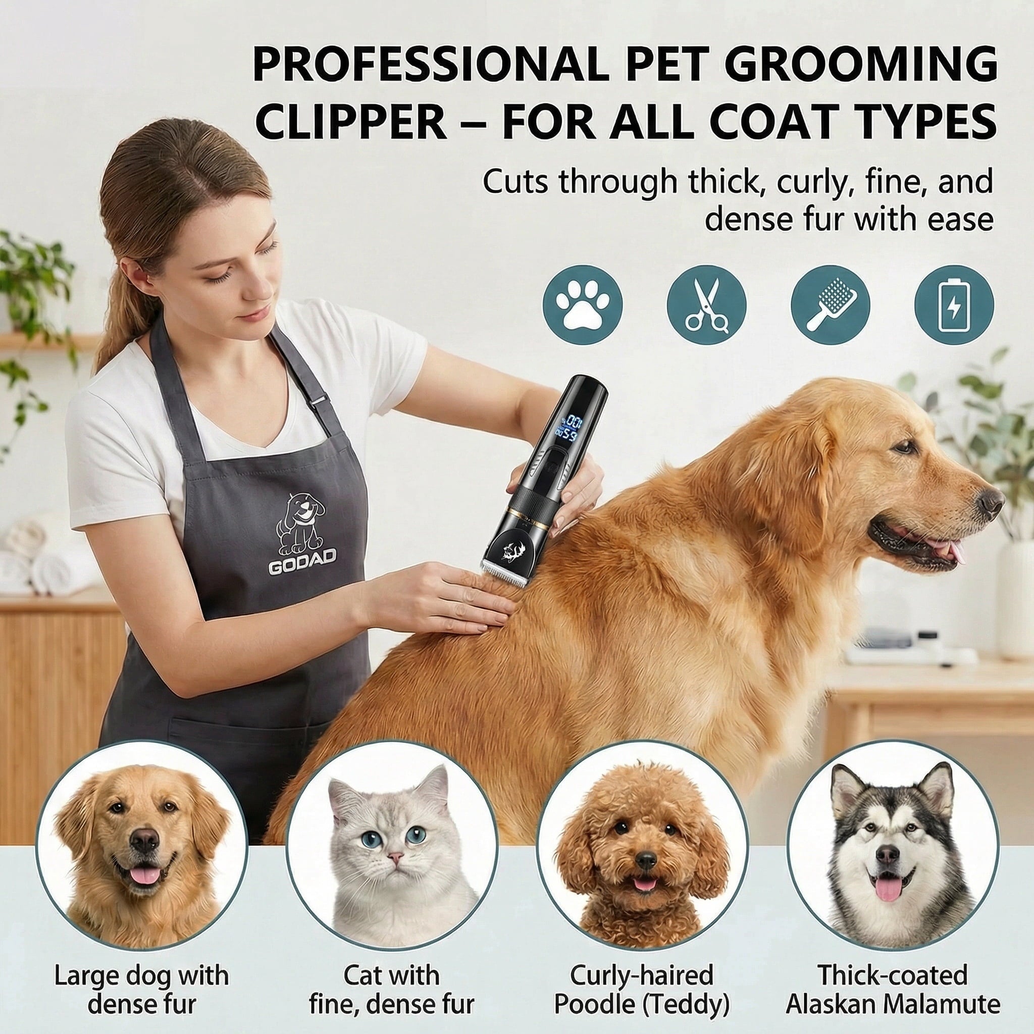 Zengdainm Pet Hair Clipper, Dog Grooming Kit with 4 Guard Combs &5-Speed Fine-Tuning, Professional Dog Shaver Trimmer for Thick-Coated Dogs & Cats