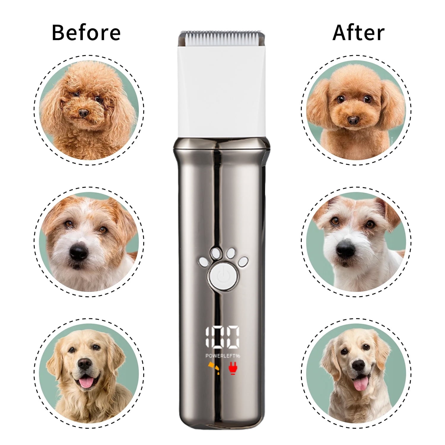 VANECL 4 in 1 Dog Grooming Clippers Kit with LED Display,Waterproof Dog Clippers Cordless for thick hair,Low Noise Dog Hair Trimmer for Dogs Cats Animals