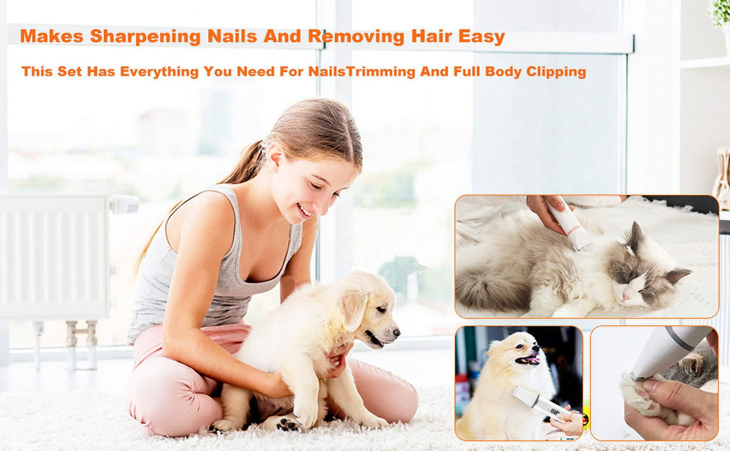 Dogs Hair Clippers Grooming Kit with Nail Grinder, 4-in-1 Electric pet Clippers for Dogs, Low Noise USB Rechargeable Cordless for Dogs Cat, Grooming Paws, Eyes, Ears, Face, Matted Hair, White
