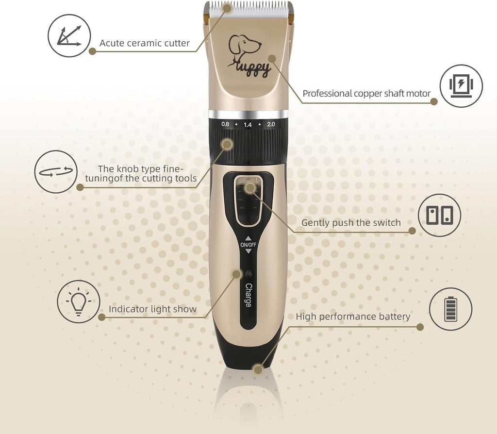 BN-LINK Dog Grooming Kit Clippers, Low Noise Rechargeable Electric Pet Hair Thick Coats Clippers Trimmers Set, Suitable for Dogs, Cats, and Other Pets (Gold)