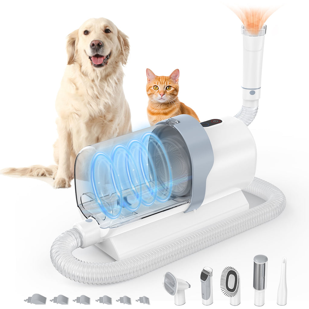 CONCETTA 5-in-1 Pet Grooming Vacuum Kit, 2.5L Dust Cup, 3 Suction Modes, and 5 Professional Grooming Tools, With Low Noise Cordless Clippers, White