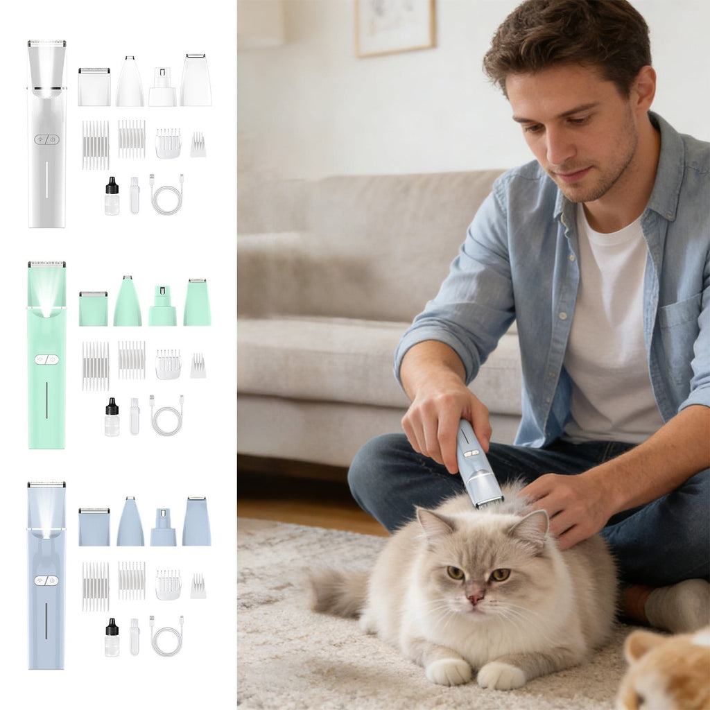 Chmadoxn 4-in-1 Pet Hair Clipper & Nail Grinder Set, Low Noise Cordless Dog Grooming Kit, USB Rechargeable Cat Shaver Washable Electrical Trimmer for Dogs Cats Paws