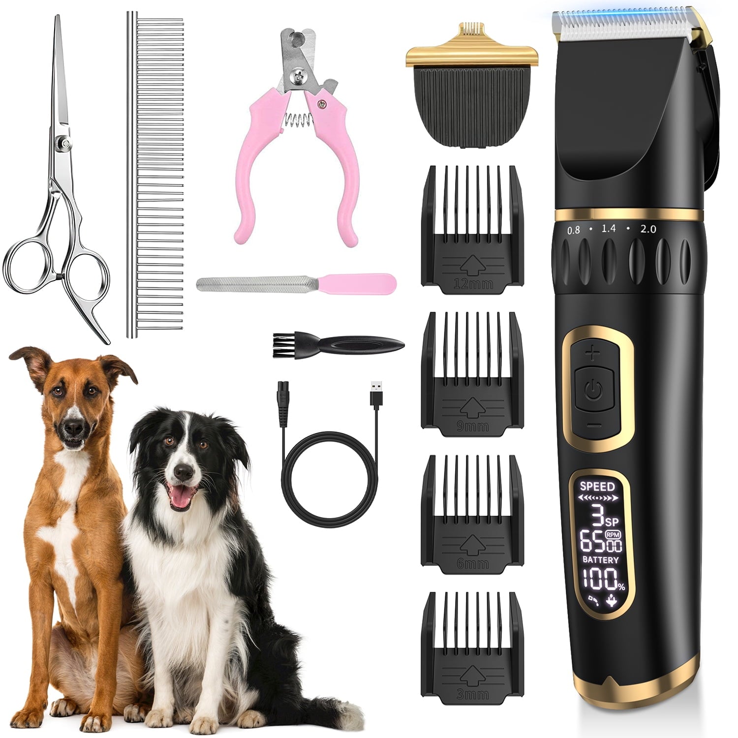 Cshidworld Dog Clippers Grooming Kit, Rechargeable Cordless Pet Hair Clipper Trimmer Shaver, 3-Speed Low Noise Pets Tools with LCD Display, Scissor, 6 Comb Guides for Thick Coats Dogs Cats Animals