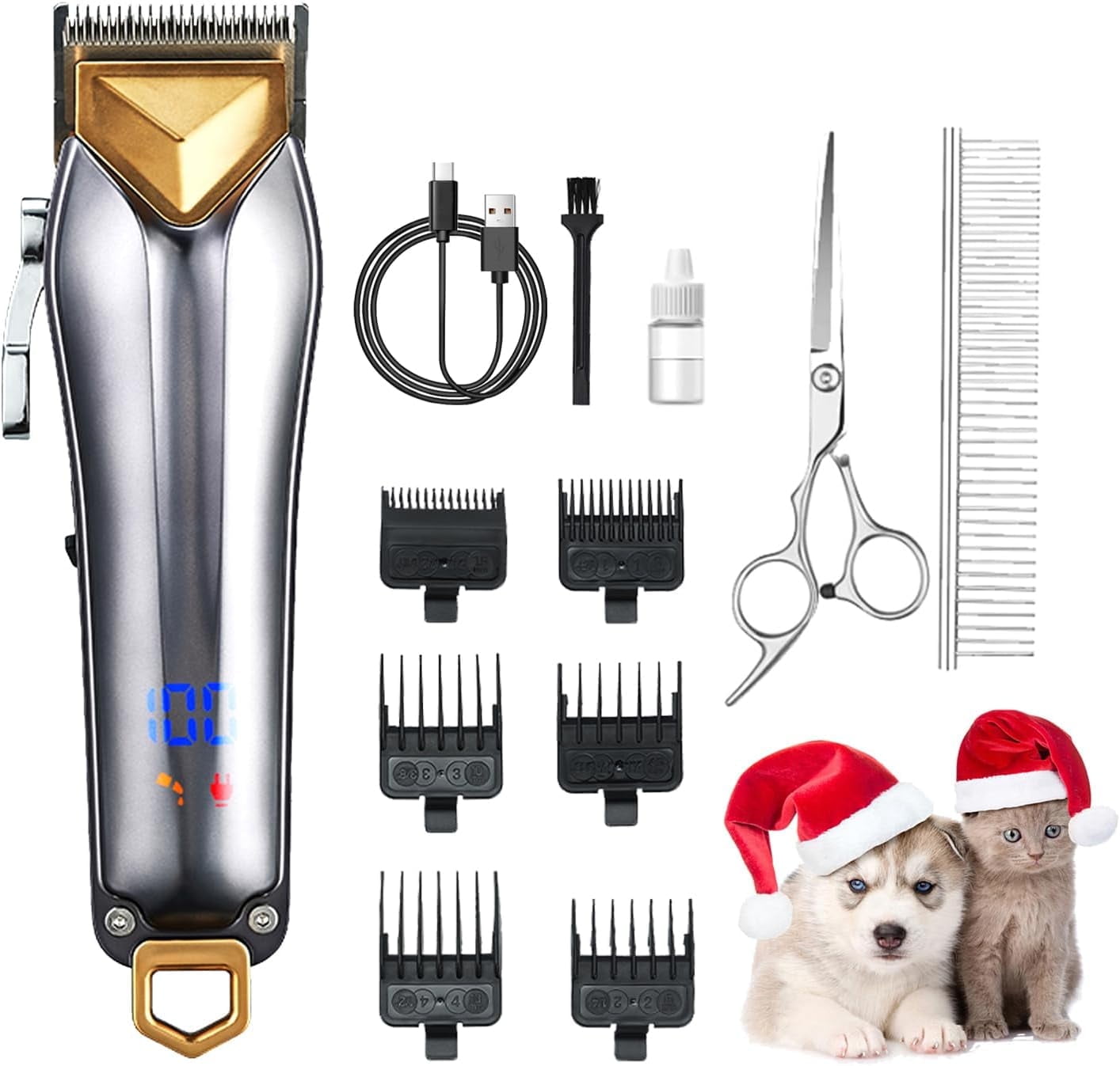 Dog Clippers for Thick Heavy Coats, Low Noise Rechargeable Cordless Pet Shaver with Stainless Steel Blade, Waterproof Dog Grooming Kit for Dogs Pets and Animals, White