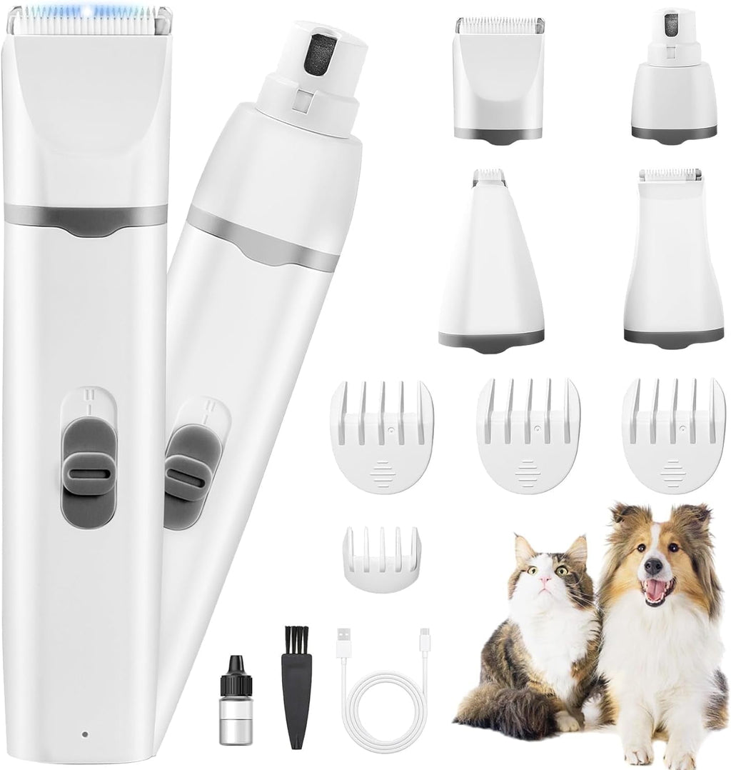 Dogs Hair Clippers Grooming Kit with Nail Grinder, 4-in-1 Electric pet Clippers for Dogs, Low Noise USB Rechargeable Cordless for Dogs Cat, Grooming Paws, Eyes, Ears, Face, Matted Hair, White