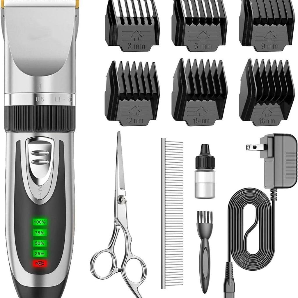 Low Noise 2-Speed Quiet Dog Grooming Kit - Rechargeable Cordless Pet Hair Clipper Trimmer Shaver for Small and Large Dogs, Cats and Animals