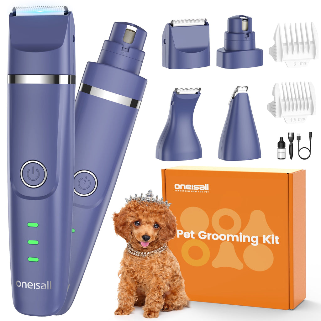 Oneisall 4 In 1 Dog Paw Trimmer for Small Dogs, N12 Low Noise 2 Speed Dog Grooming Kit Includes 3 Trimmer Heads & 1 Nail Grinder Head, Cordless Dog Clippers for Grooming & Dog Nail Grinder - Navy