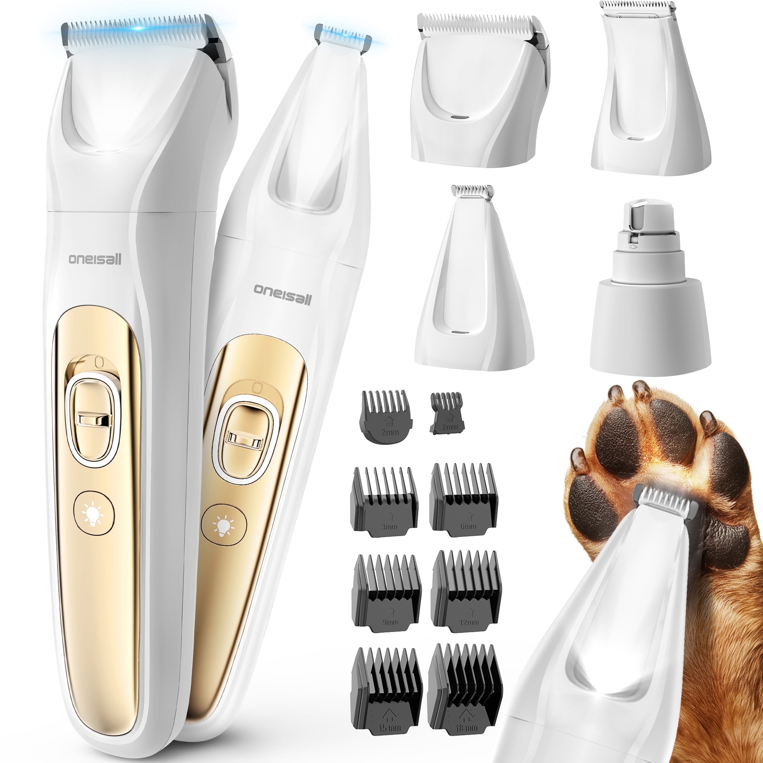 Oneisall 4-in-1 Cordless Dog Grooming Kit with LED Light, FC10 Dog Clippers & Dog Paw Trimmer & Dog Nail Grinder & Dog Grooming Clippers, Blue Grey