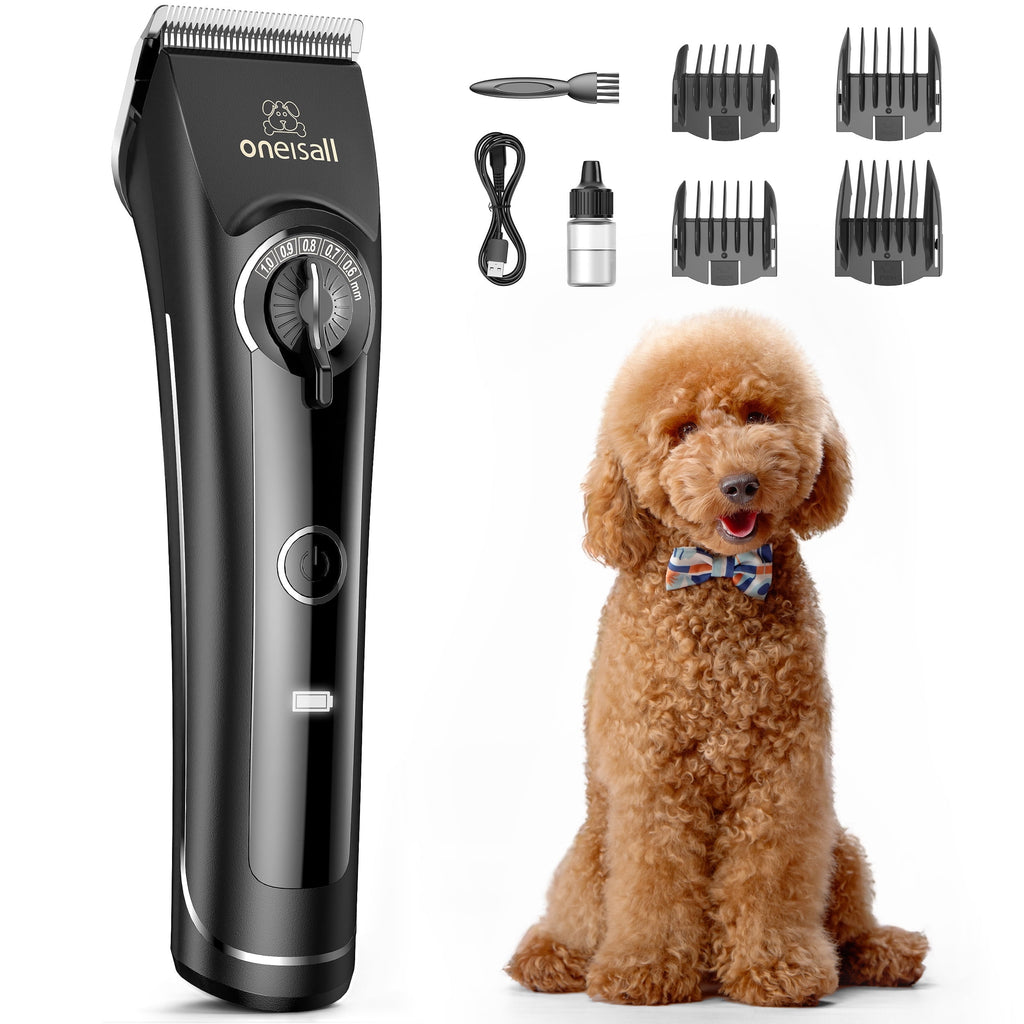 Oneisall CP-9050 Heavy Duty Dog Clippers for Grooming Thick Coats, Low Noise Dog Grooming Kit with Detachable & Adjustable Metal Blades, Cordless Dog Grooming Clippers for Dog Cat Matted Hair - Black