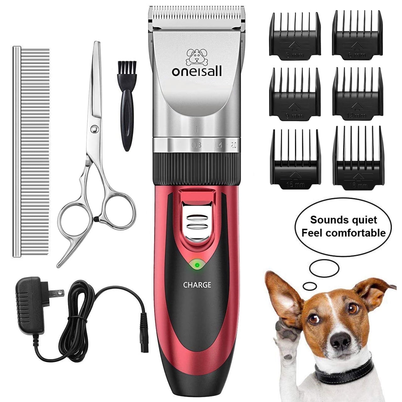 Oneisall P2 Low Noise Dog Grooming Kit, Rechargeable Cordless Dog Clippers for Grooming, Dog Grooming Clippers with 6 Guard Combs & 1 Steel Comb, Shaver Hair Clippers Set for Dogs Cats Pets - Gold