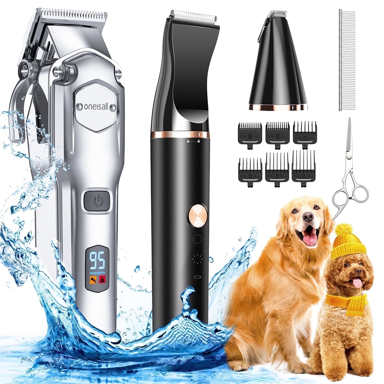 Oneisall RFC-676 Dog Clippers for Grooming, Low Noise 2000mAh Rechargeable Dog Grooming Clippers, Cordless Dog Shaver, IPX7 Waterproof Dog Grooming Kit with 6 Guide Combs