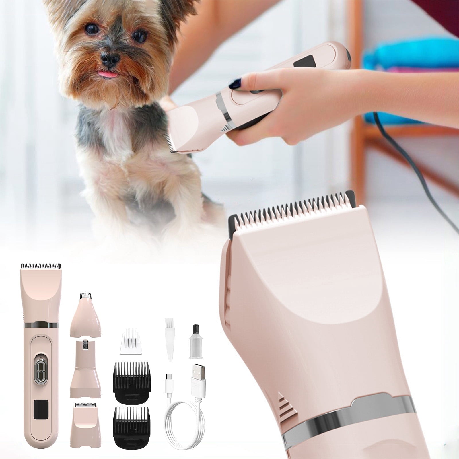 Pet Clipper 4-in-1 Dog Grooming Kit Hair Trimmer USB Rechargeable Low Noise Animal Shaver with Comb Attachments for At-Home Pet Hair Trimming and Nail Care Convenient Tool