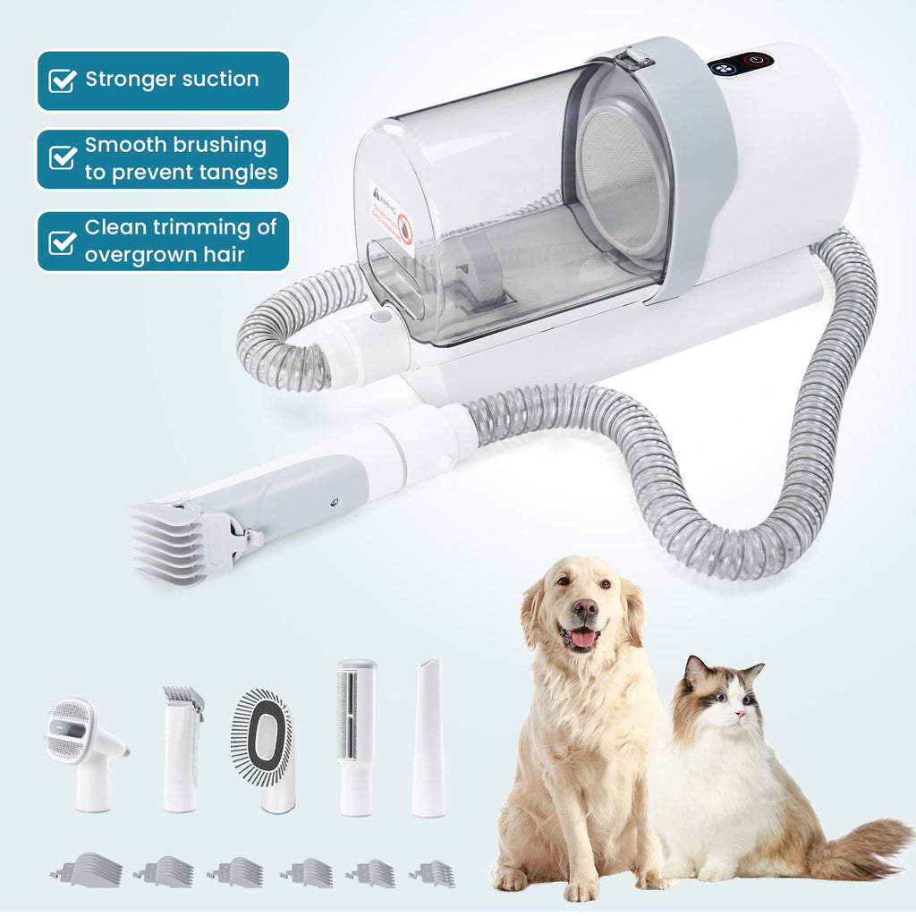 MCQ 5 in 1 Pet Grooming Vacuum Kit with 6 Guide Combs, Low Noise Cordless Dog Cat Trimmer, White