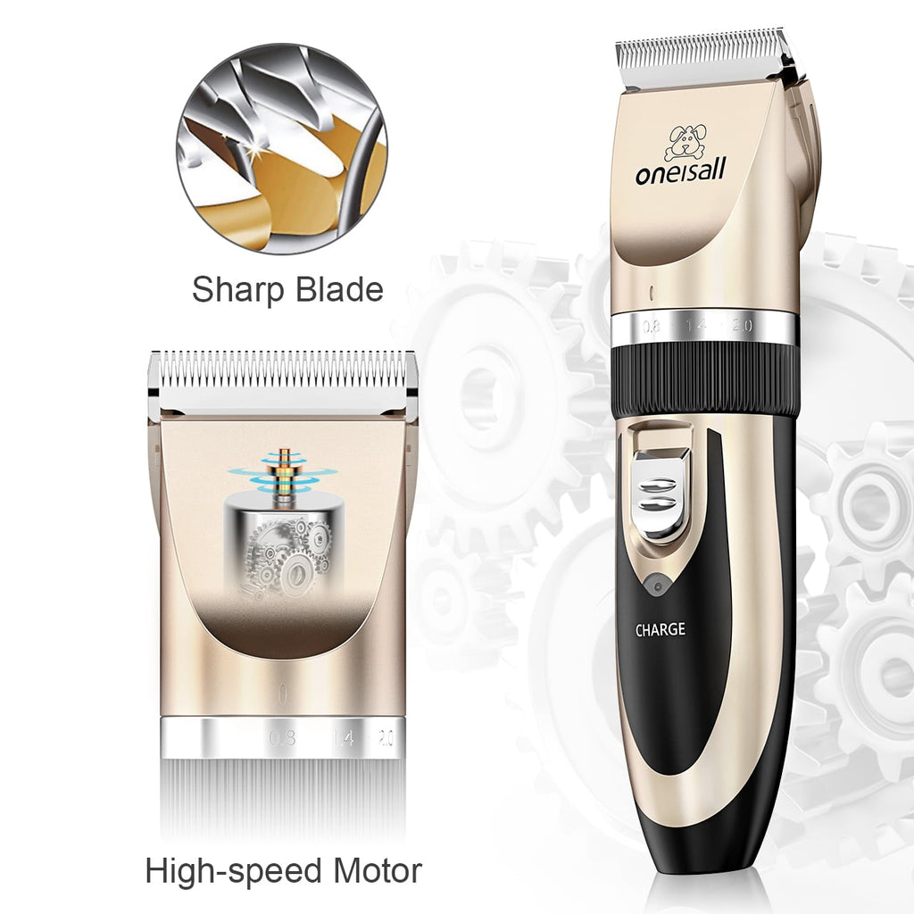 Oneisall P2 Low Noise Dog Grooming Kit, Rechargeable Cordless Dog Clippers for Grooming, Dog Grooming Clippers with 6 Guard Combs & 1 Steel Comb, Shaver Hair Clippers Set for Dogs Cats Pets - Gold