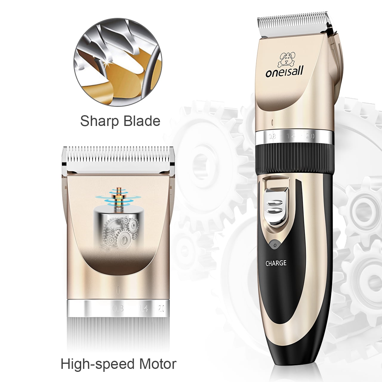 Oneisall P2 Low Noise Dog Grooming Kit, Rechargeable Cordless Dog Clippers for Grooming, Dog Grooming Clippers with 6 Guard Combs & 1 Steel Comb, Shaver Hair Clippers Set for Dogs Cats Pets - Gold
