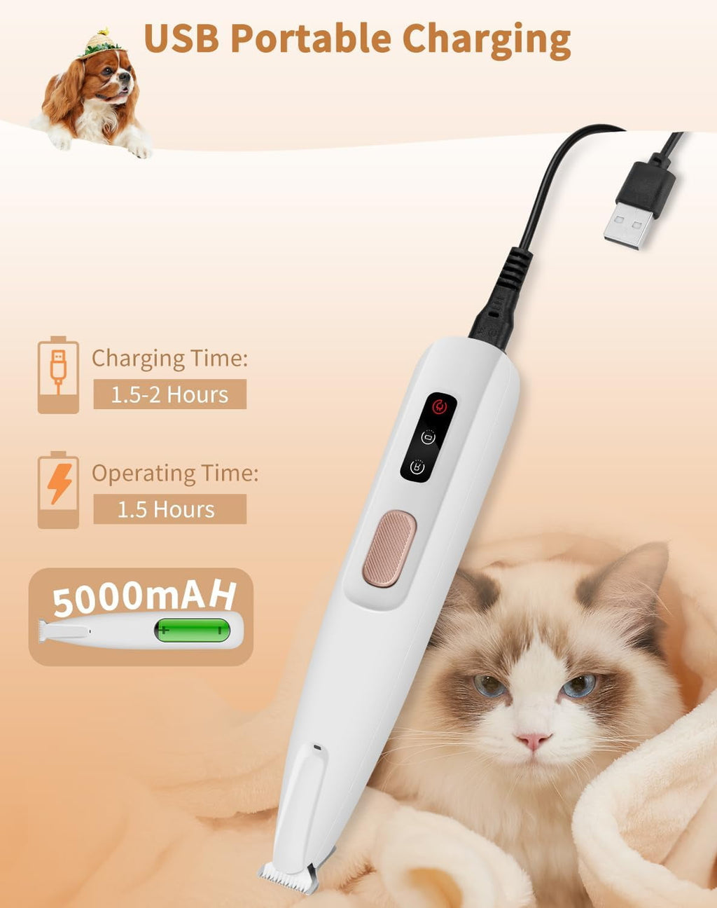 Paw Trimmer with LED Light, Ultra-Low Noise Dog Trimmer Grooming Kit with Replacement Blades, Waterproof Rechargeable Pet Hair Clippers for Small Dogs Cats Paws, Eyes, Ears, Face, Rump