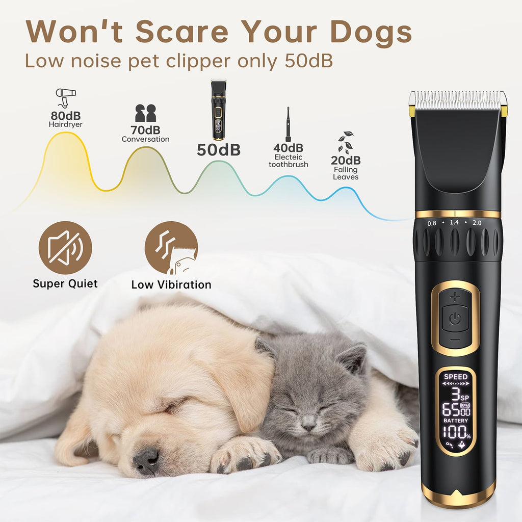 Cshidworld Dog Clippers Grooming Kit, Rechargeable Cordless Pet Hair Clipper Trimmer Shaver, 3-Speed Low Noise Pets Tools with LCD Display, Scissor, 6 Comb Guides for Thick Coats Dogs Cats Animals