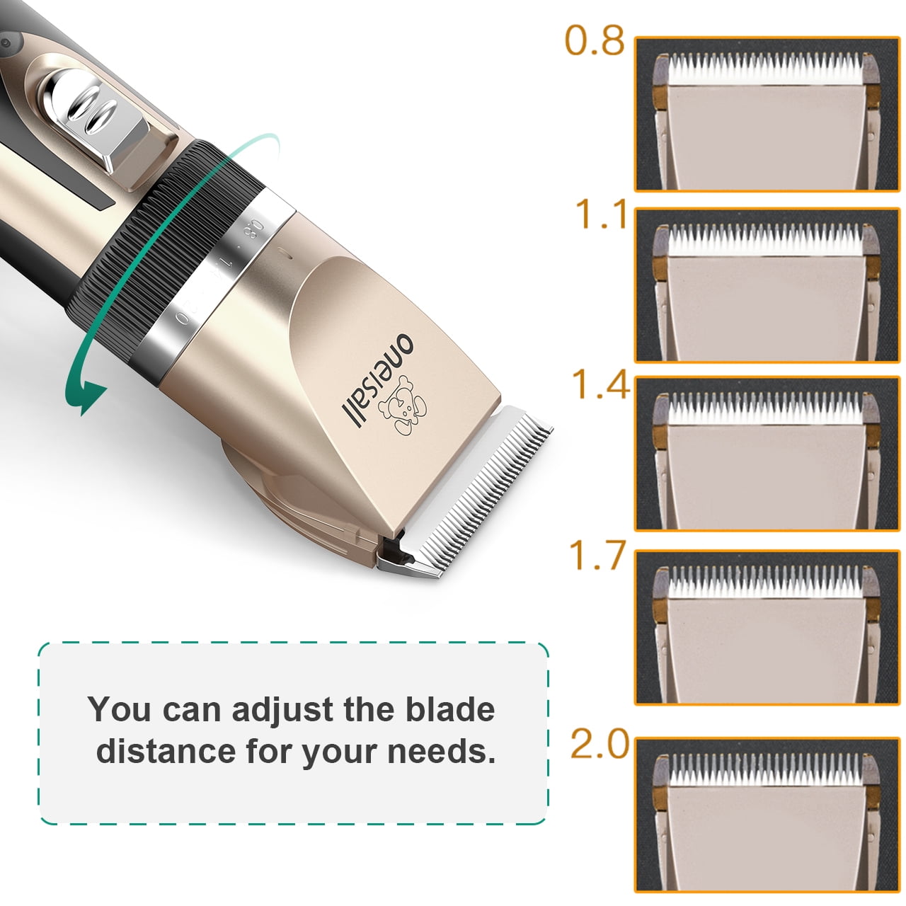 Oneisall P2 Low Noise Dog Grooming Kit, Rechargeable Cordless Dog Clippers for Grooming, Dog Grooming Clippers with 6 Guard Combs & 1 Steel Comb, Shaver Hair Clippers Set for Dogs Cats Pets - Gold