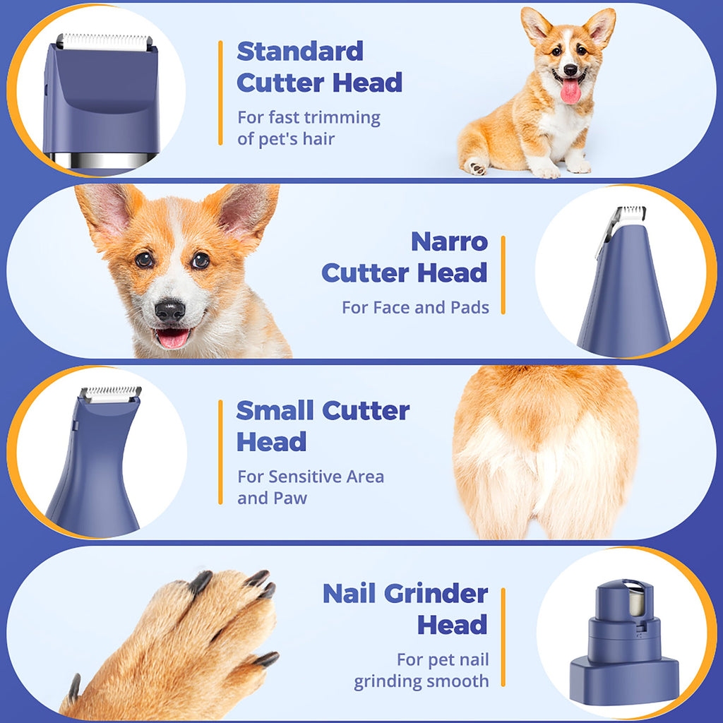 Oneisall 4 In 1 Dog Paw Trimmer for Small Dogs, N12 Low Noise 2 Speed Dog Grooming Kit Includes 3 Trimmer Heads & 1 Nail Grinder Head, Cordless Dog Clippers for Grooming & Dog Nail Grinder - Navy