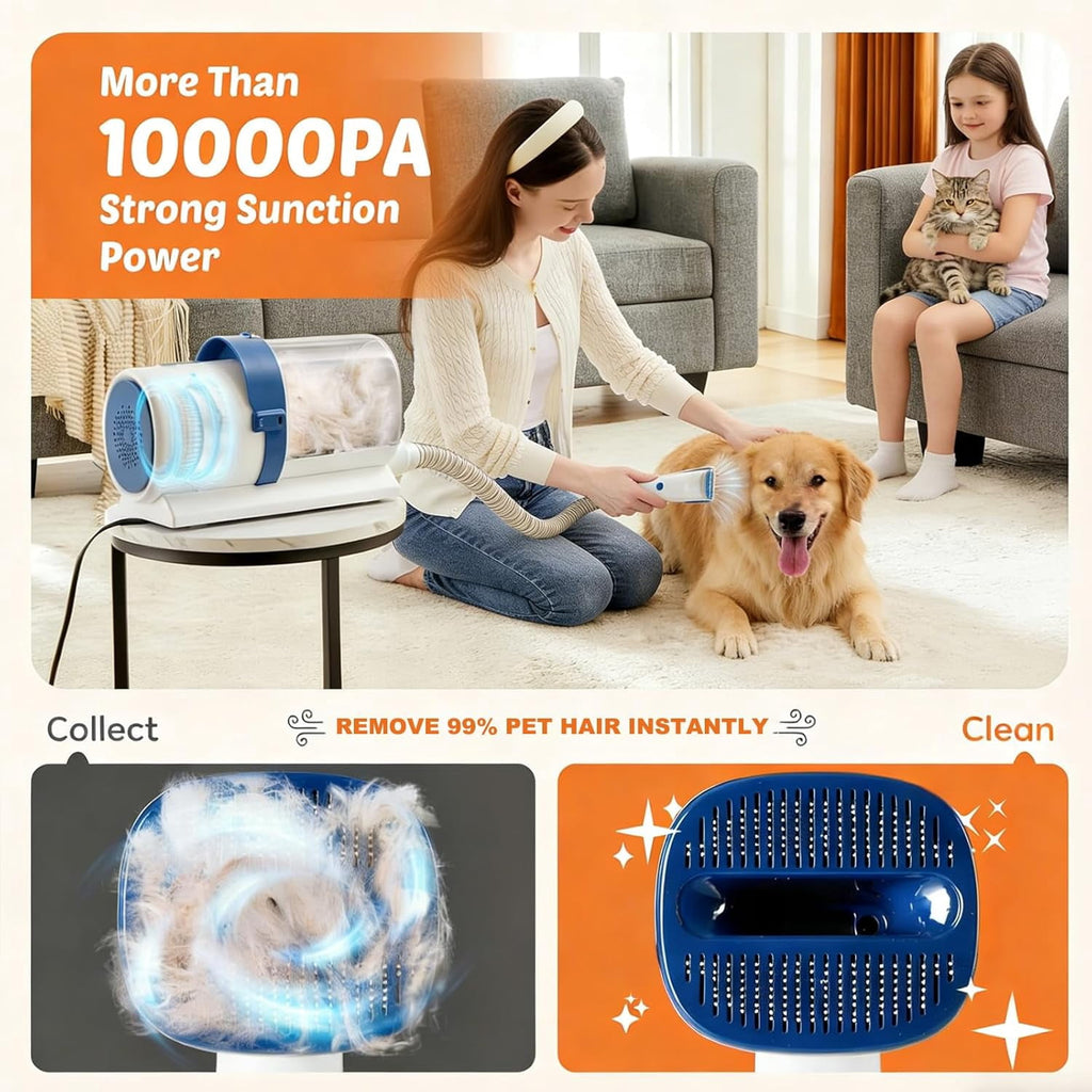 10000Pa Strong Pet Vacuum for Shedding Grooming Kit with Hair Clippers & Shedding Brush, Dogs & Cats Hair Remover Vacuum with 2.5L Dust Cup, 3 Levels, 5 Grooming Tools，Low Noise, Blue