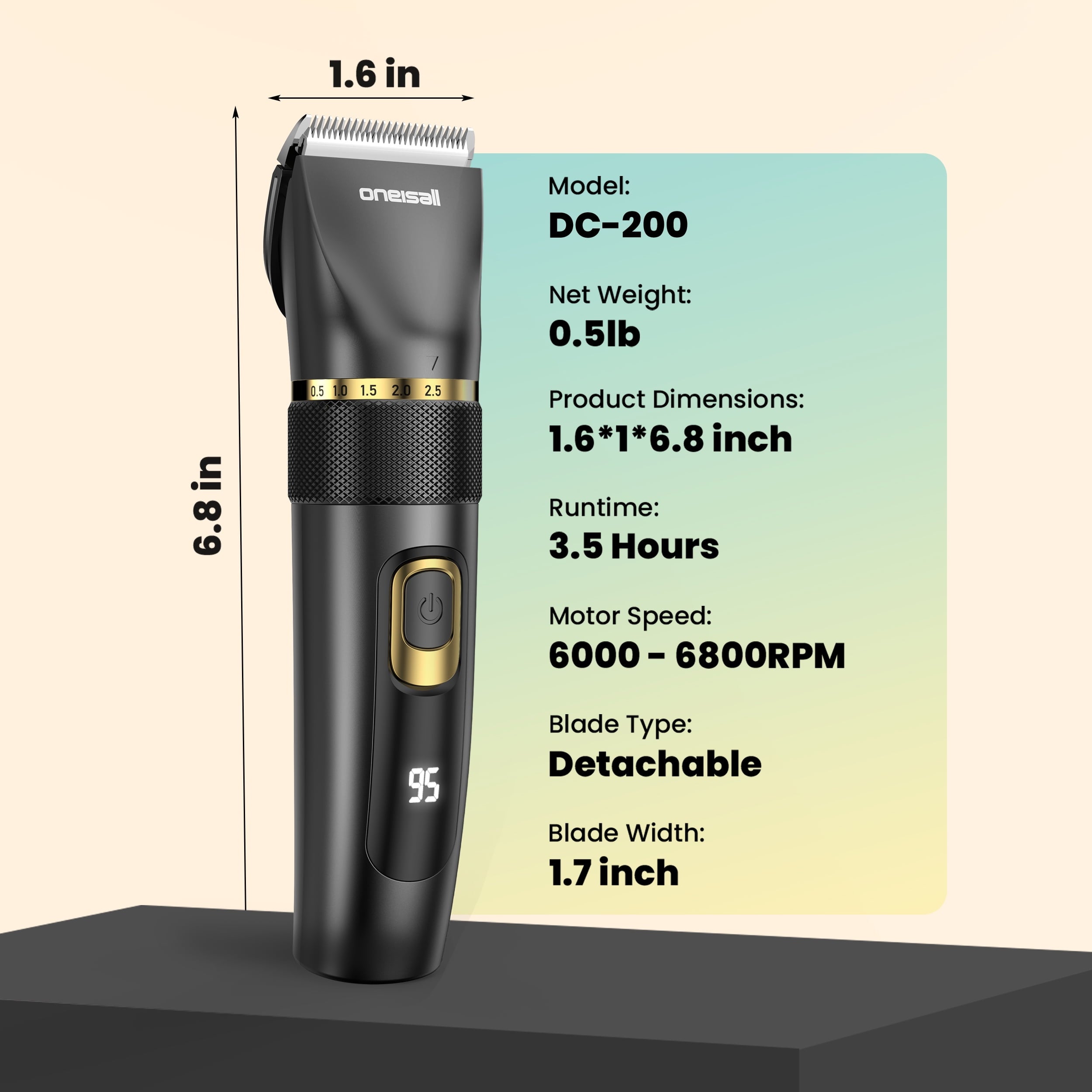 Oneisall DC-200 Dog Clippers, Adjustable & Detachable Blade, IPX7 Waterproof, Home Dog Grooming Kit, Black
