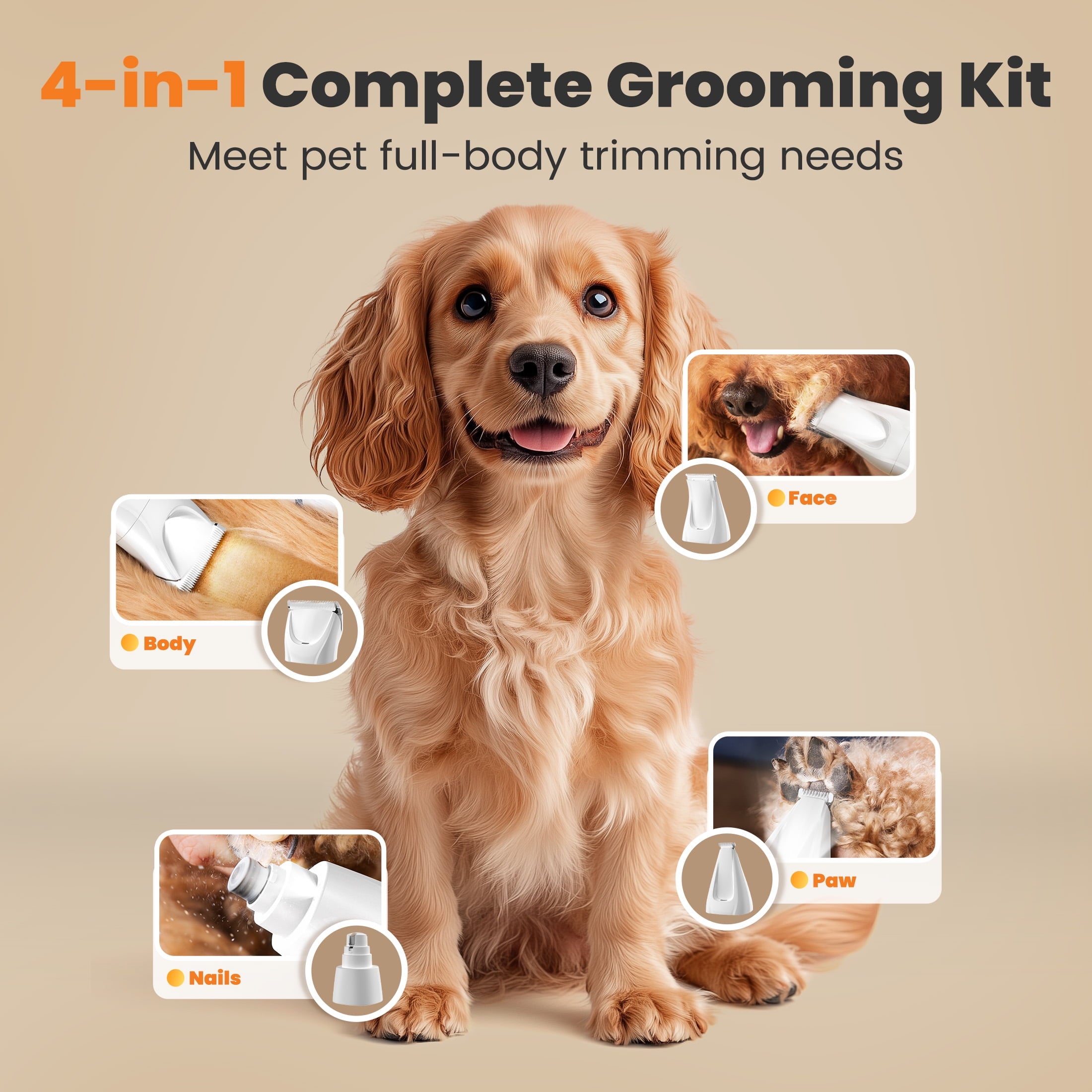 Oneisall HM6 4-in-1 Dog Grooming Kit with LED Light, Cordless Dog Clippers & Dog Paw Trimmer & Dog Nail Grinder, White