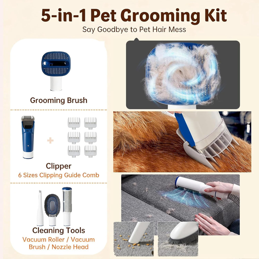 10000Pa Strong Pet Vacuum for Shedding Grooming Kit with Hair Clippers & Shedding Brush, Dogs & Cats Hair Remover Vacuum with 2.5L Dust Cup, 3 Levels, 5 Grooming Tools，Low Noise, Blue