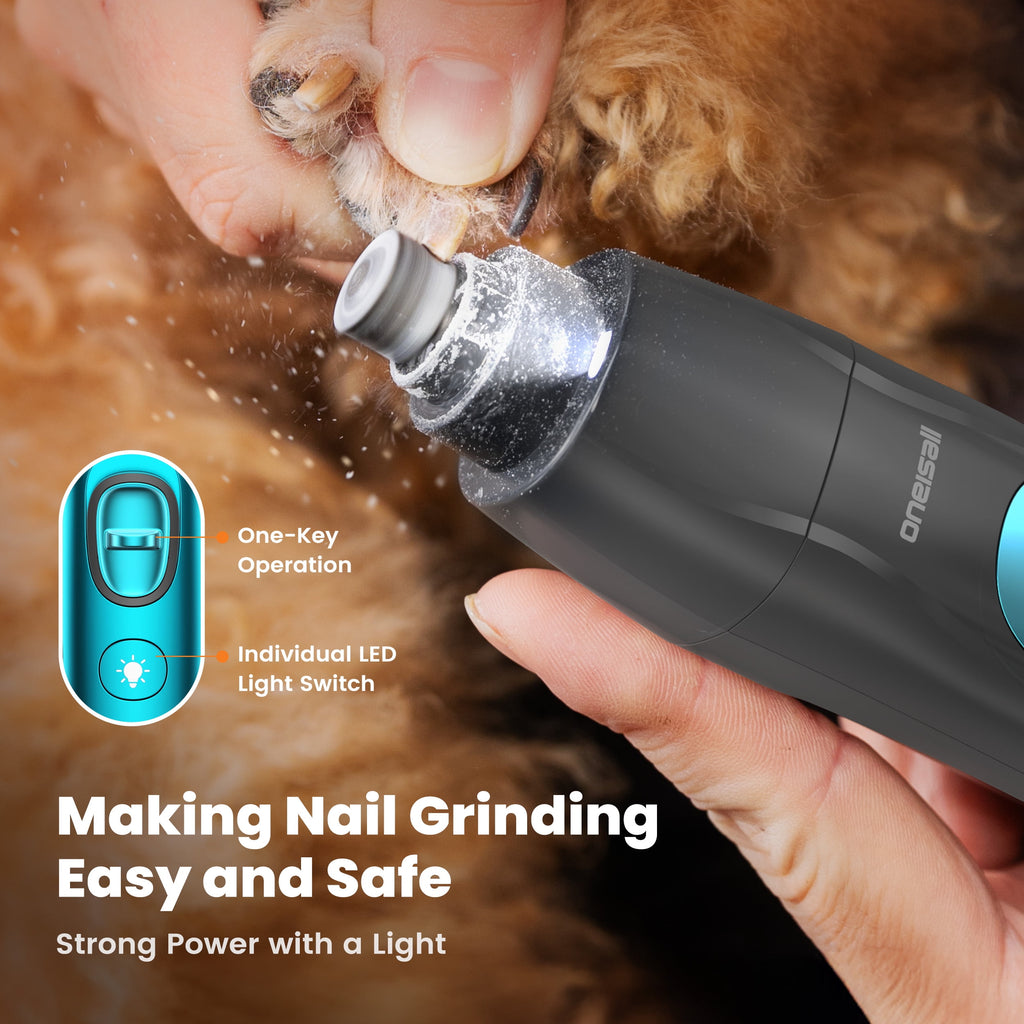 Oneisall 4-in-1 Cordless Dog Grooming Kit with LED Light, FC10 Dog Clippers & Dog Paw Trimmer & Dog Nail Grinder & Dog Grooming Clippers, Blue Grey