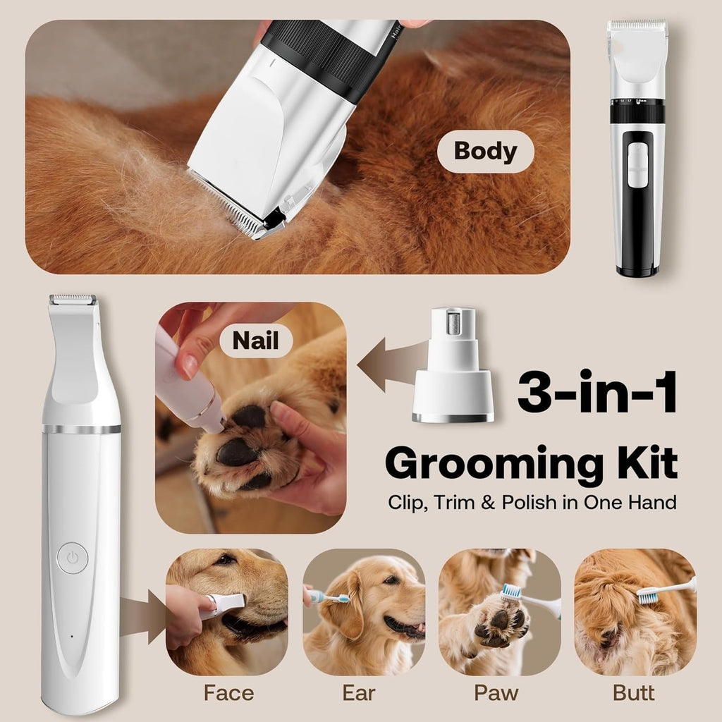 Dog Hair Clippers for Grooming Kit and Dog Paw Trimmer Nail Grinder for Grooming, Low Noise Rechargeable Cordless, Shaver Grooming Supplies for Pet Cats Dogs
