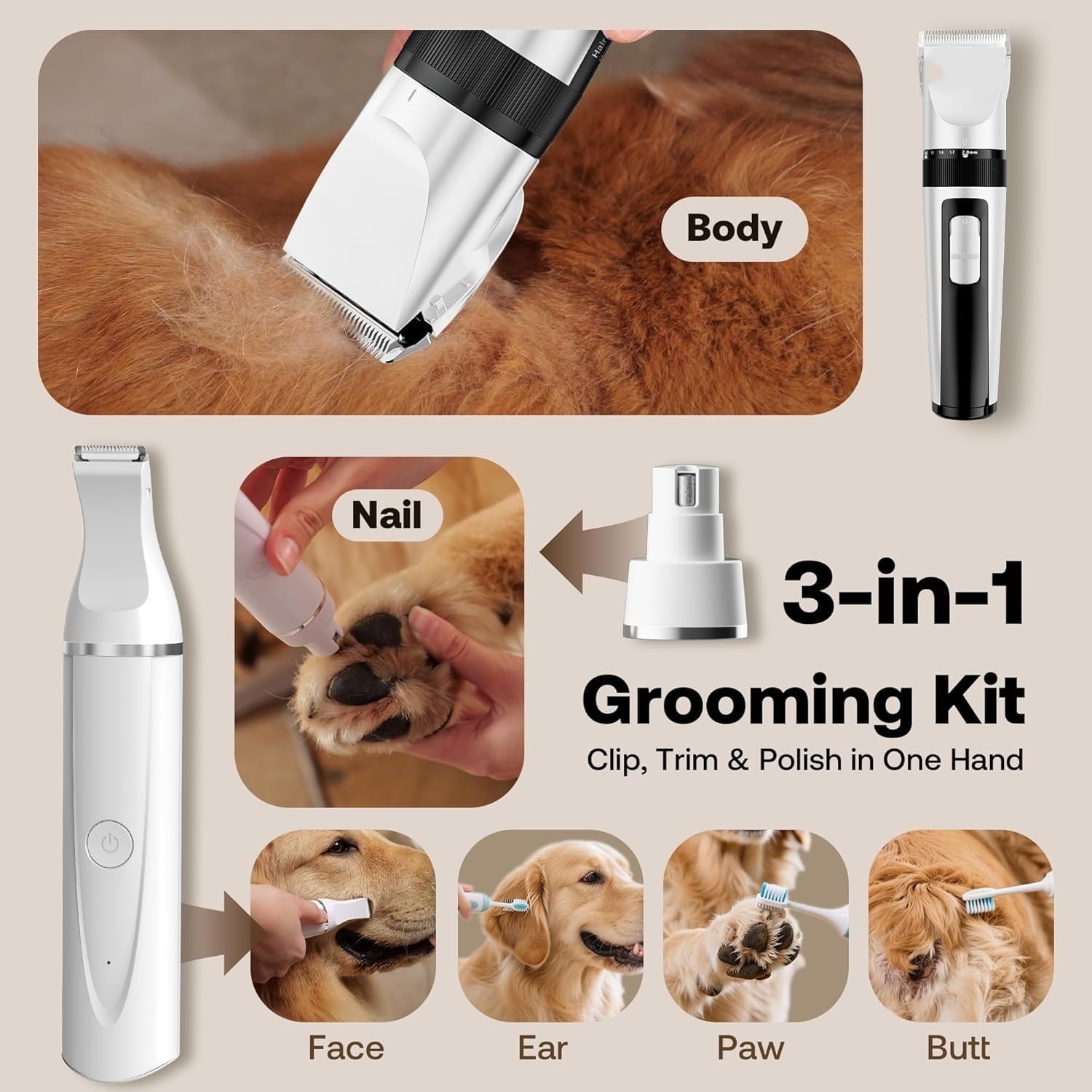 Dog Hair Clippers for Grooming Kit and Dog Paw Trimmer Nail Grinder for Grooming, Low Noise Rechargeable Cordless, Shaver Grooming Supplies for Pet Cats Dogs