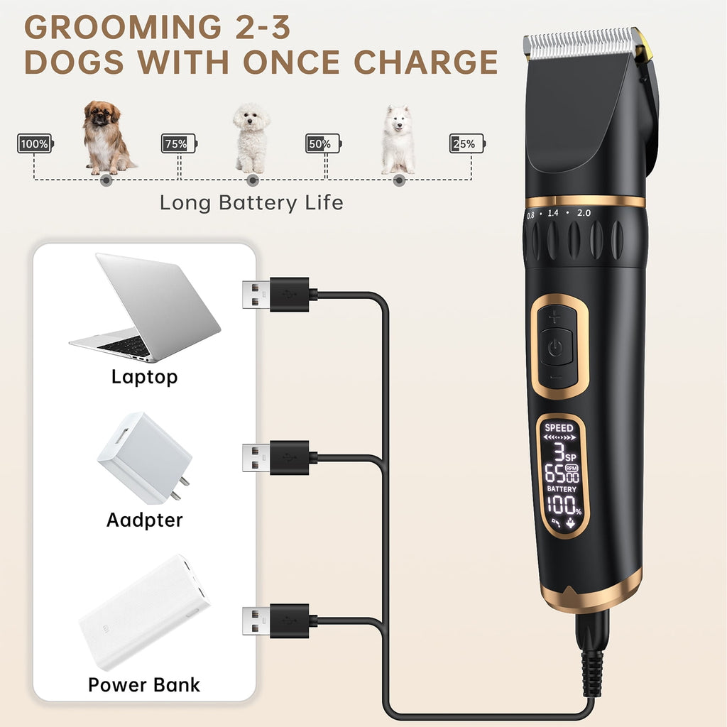 Cshidworld Dog Clippers Grooming Kit, Rechargeable Cordless Pet Hair Clipper Trimmer Shaver, 3-Speed Low Noise Pets Tools with LCD Display, Scissor, 6 Comb Guides for Thick Coats Dogs Cats Animals