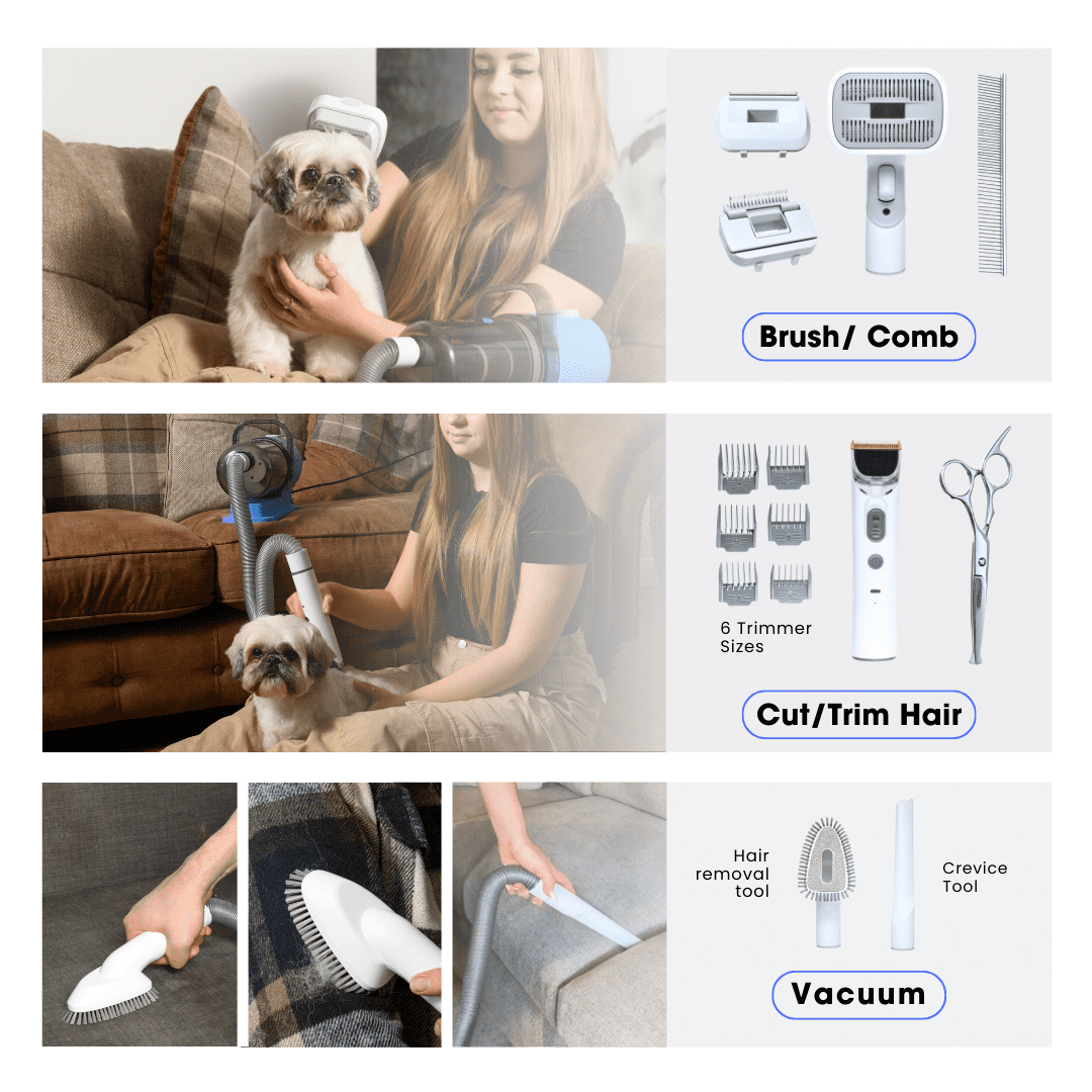 Pet Grooming Kit for Dogs & Cats, with Vacuum, Removes up to 99% of Fur, Brushes, Clippers, for Shedding, Low Noise, Adjustable Speed Suction, 16 pcs, Blue